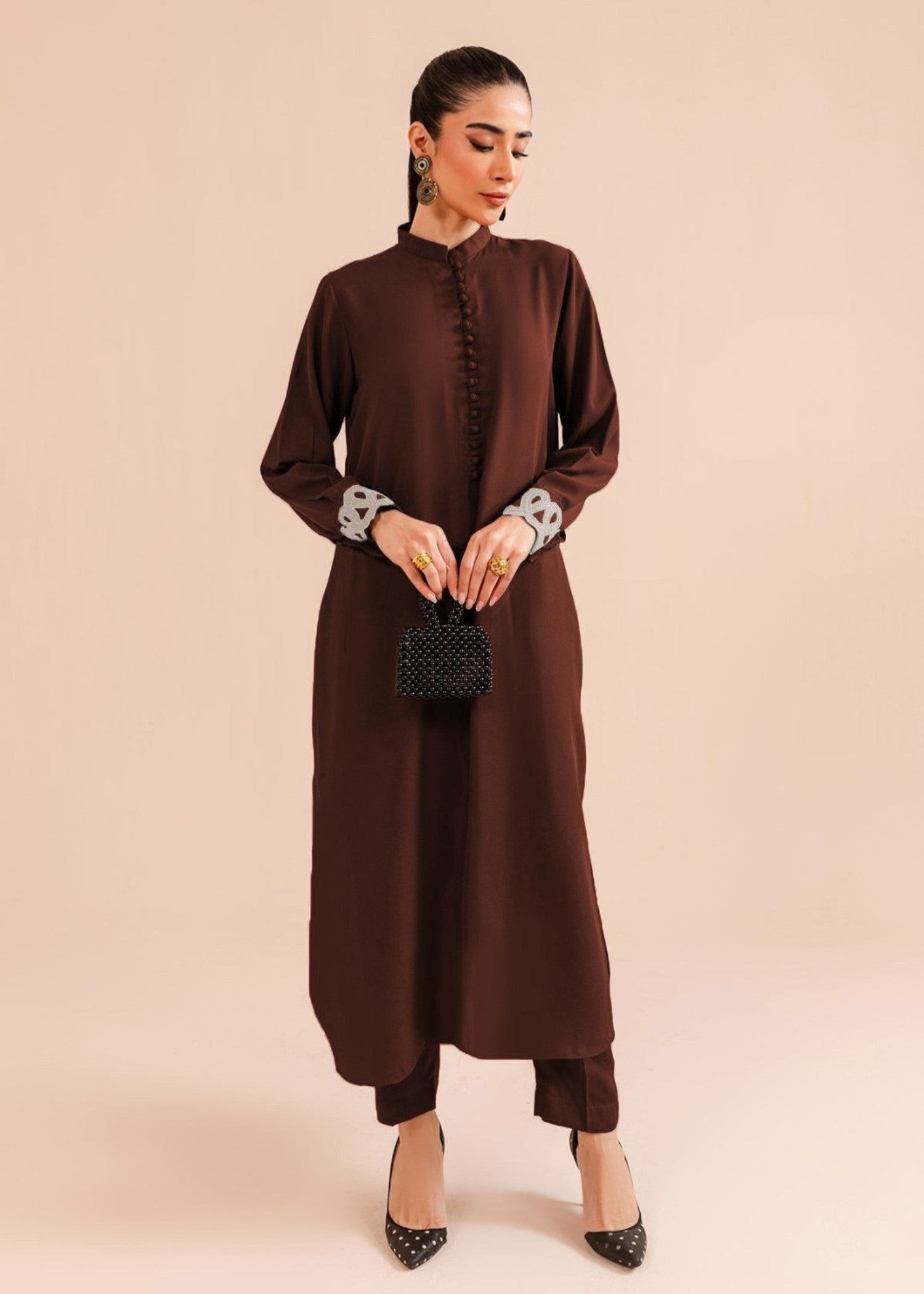 crepe Kurta Set in Dark brown
