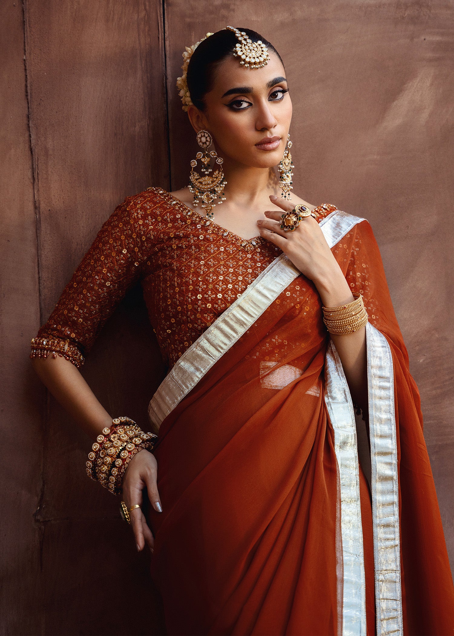 chiffon Saree in Rust orange