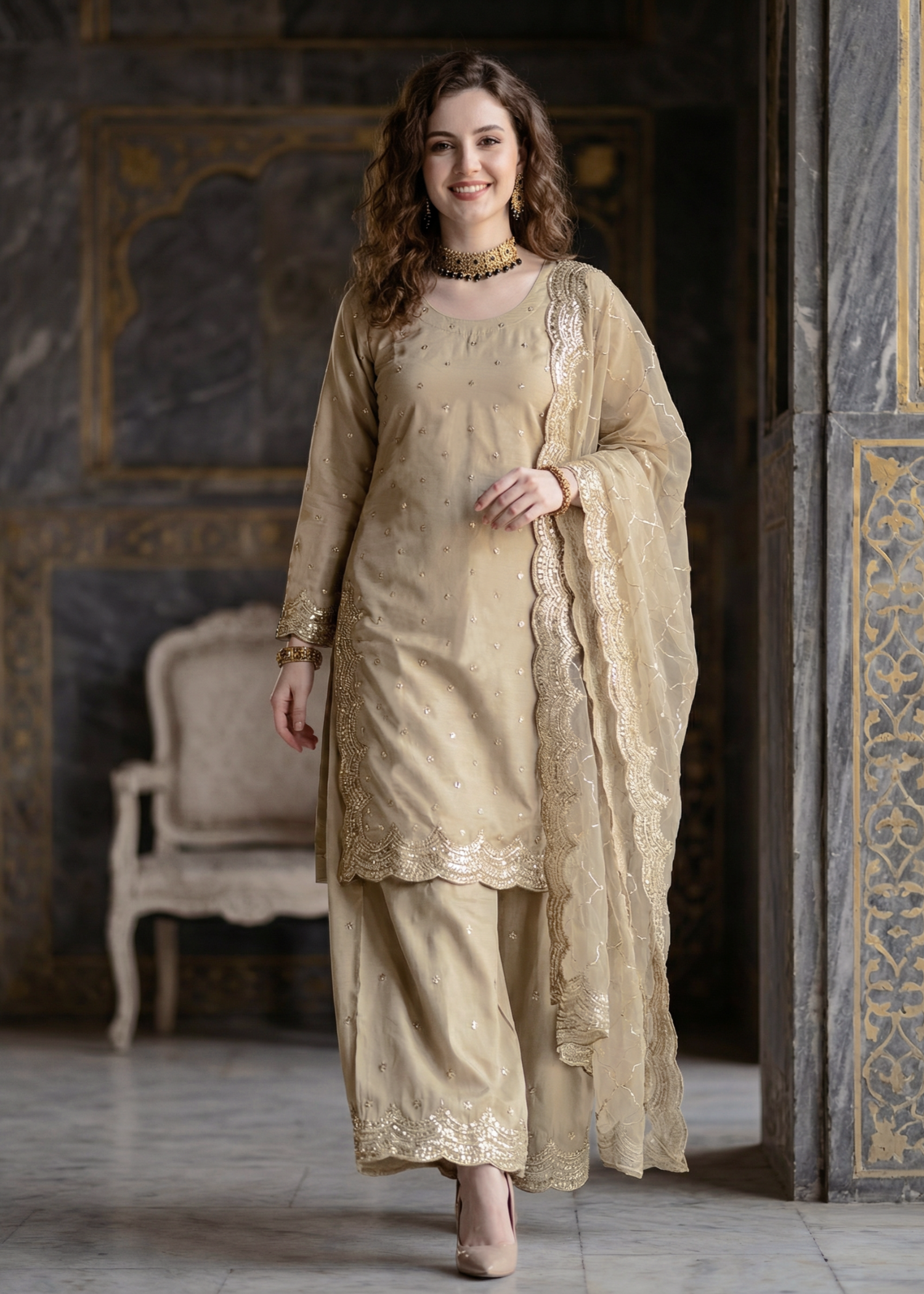 kattan silk Kurta Set in Beige