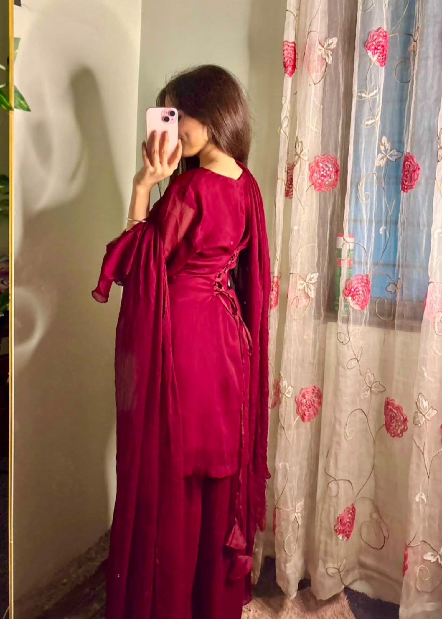 crinkle chiffon Kurta Set in Wine red