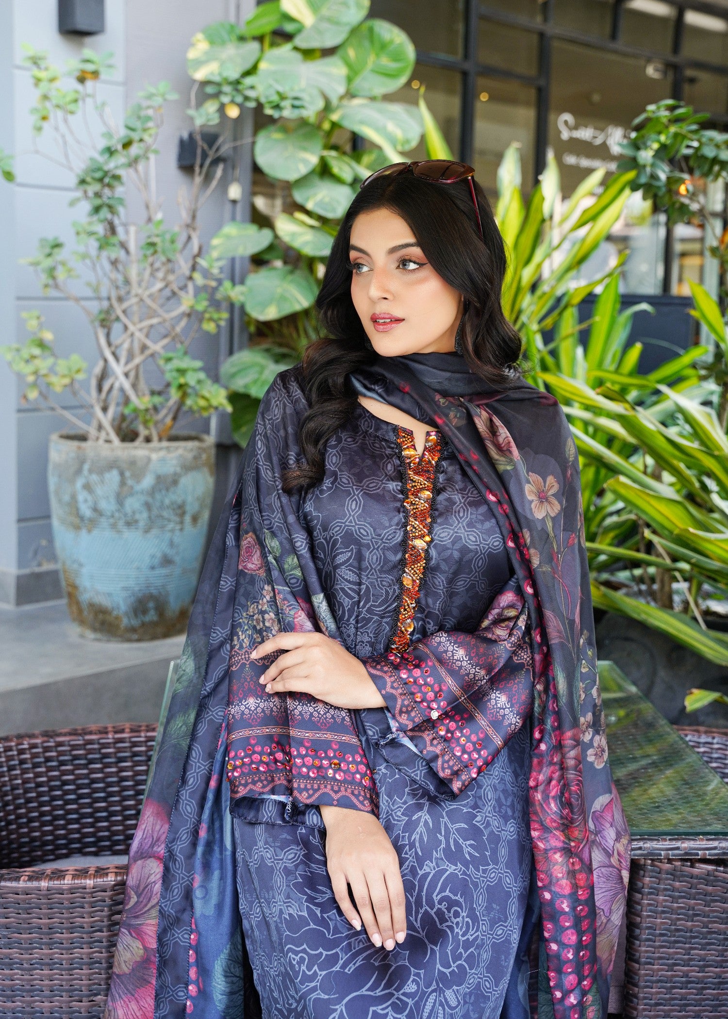 silk Kurta Set in Dark grey