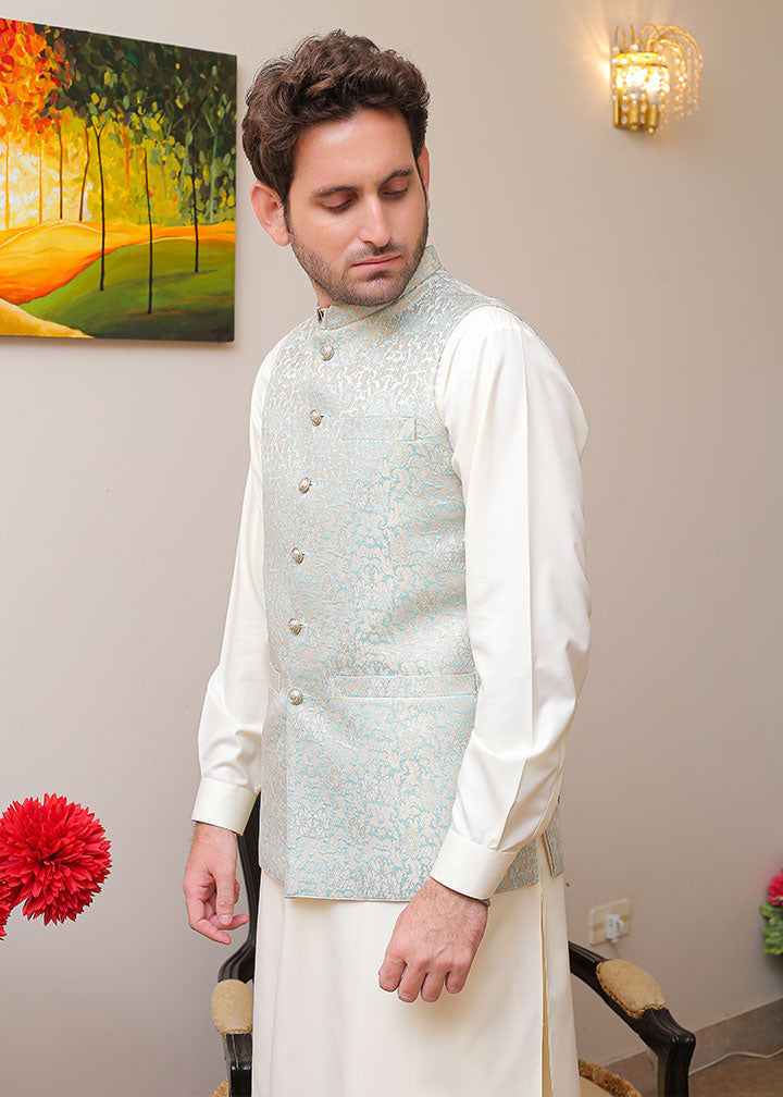 banarsi silk Waistcoat in Sky blue