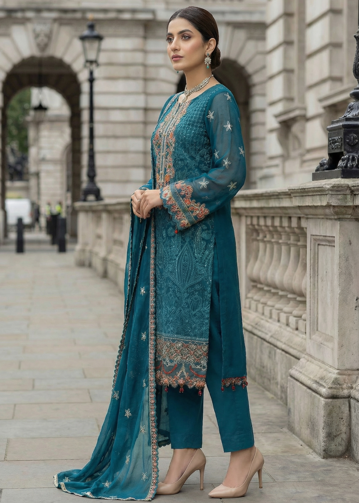 chiffon Kurta Set in Bondi blue