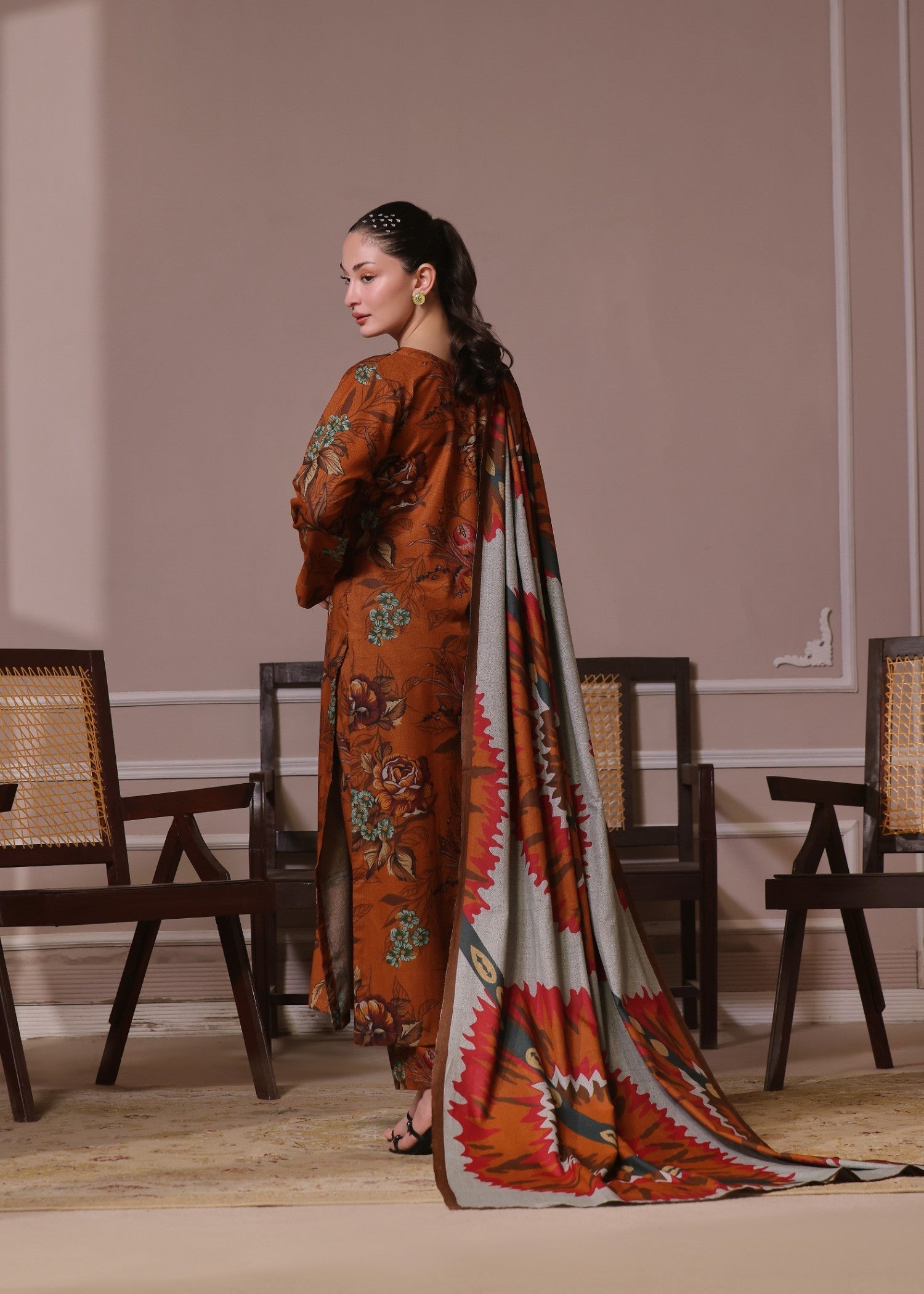 twill khaddar Kurta Set in Dark coral