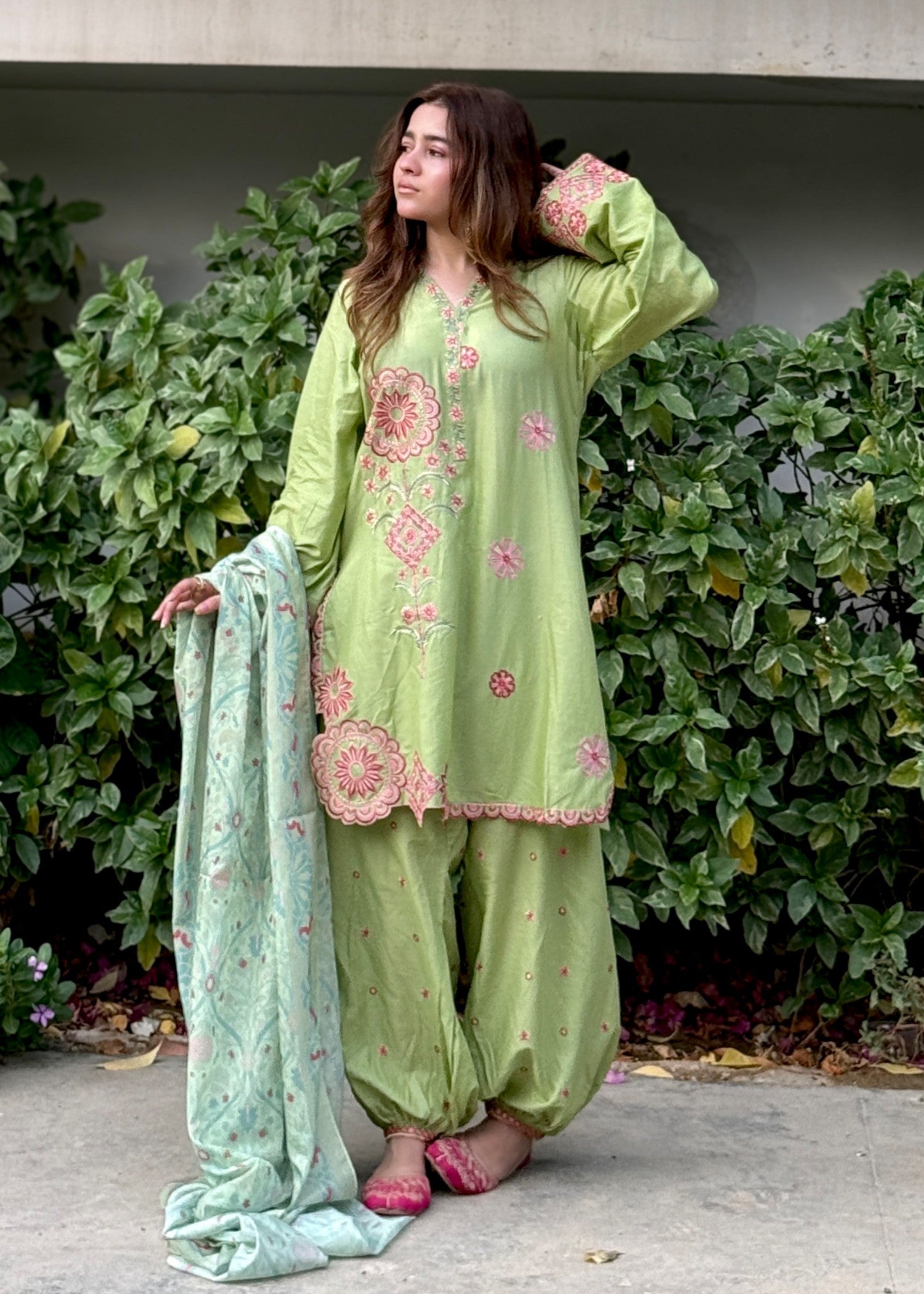 lawn Kurta Set in Lime green