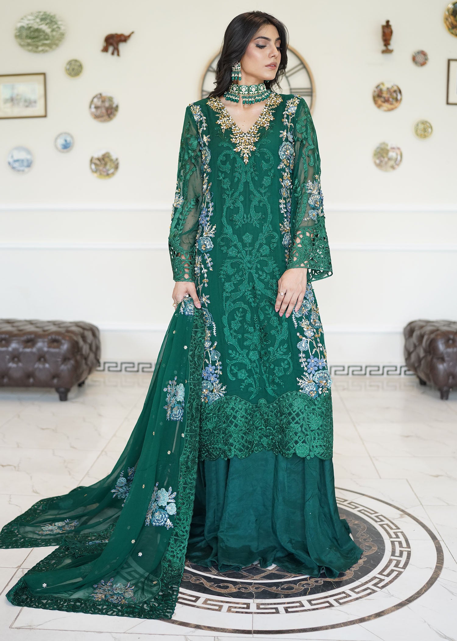 chiffon Lehenga in Emerald green