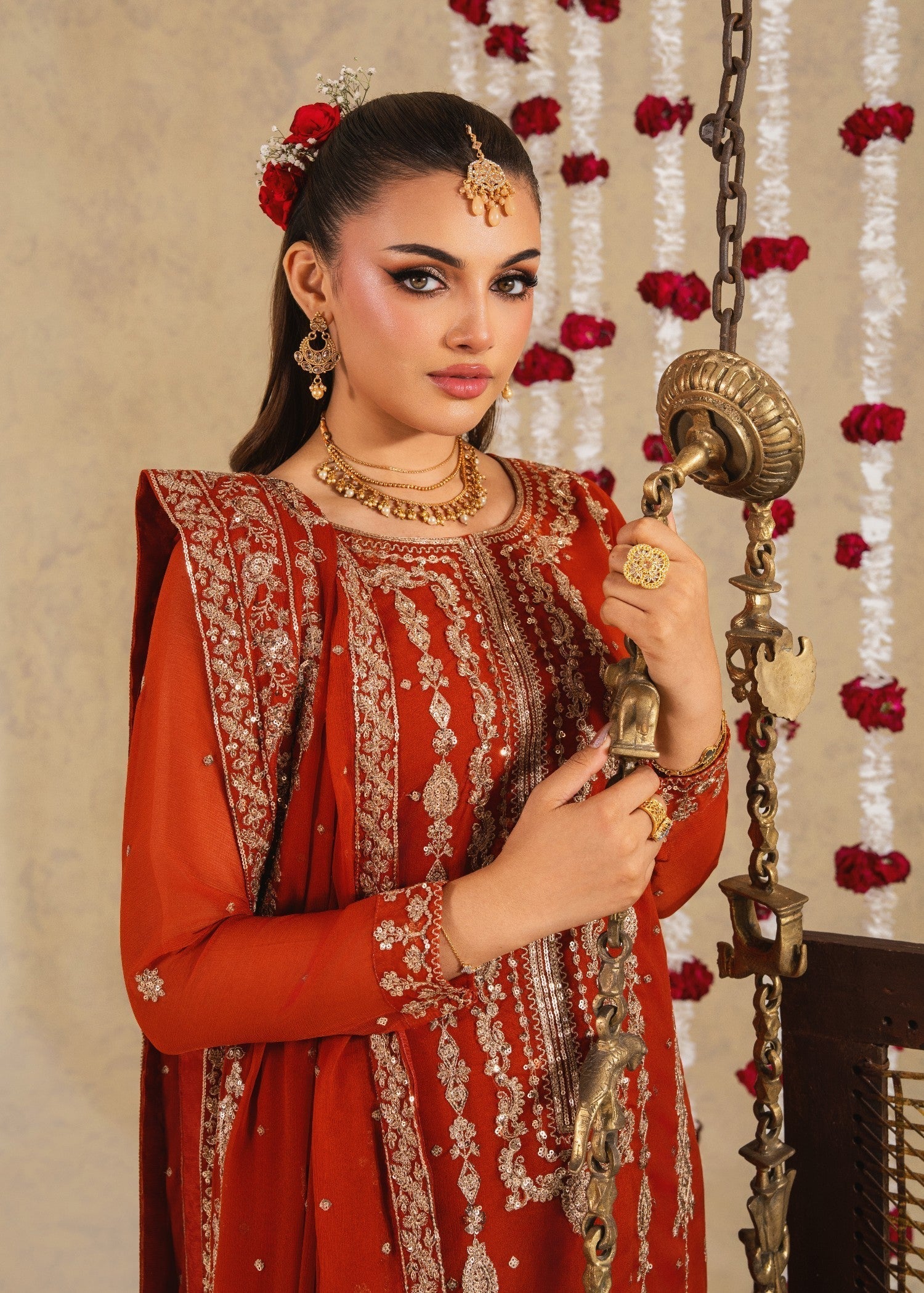 chiffon Kurta Set in Rust red