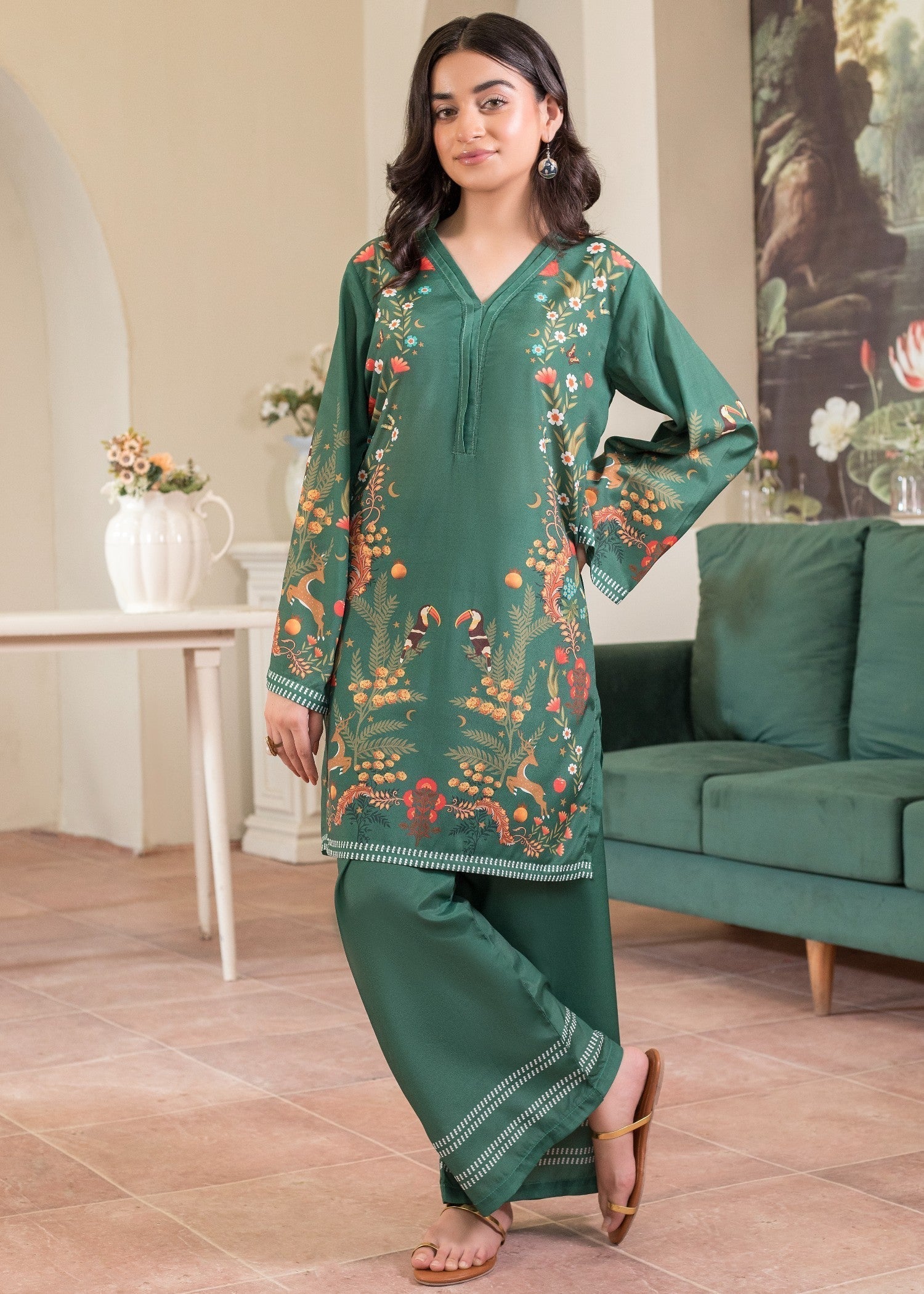 polyester crepe Kurta Set in Green