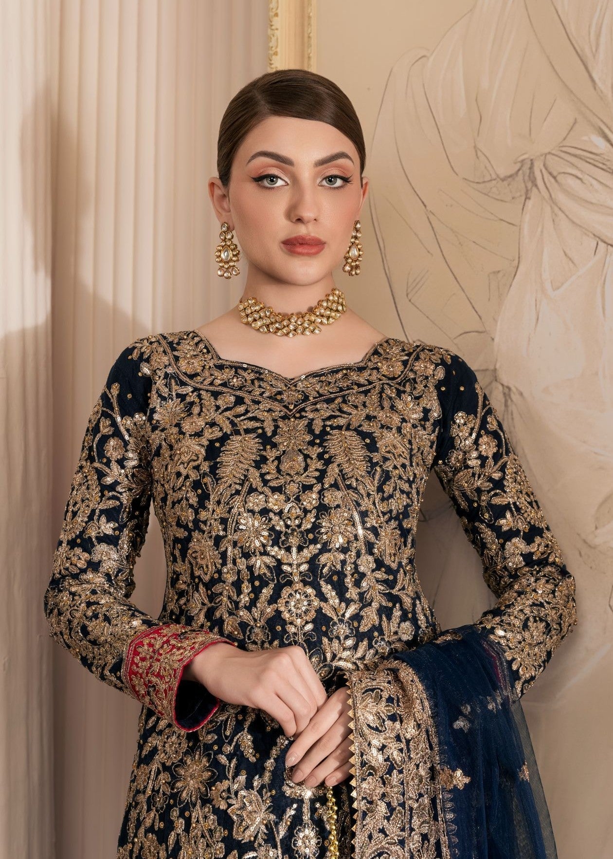net Kurta Set in Navy blue