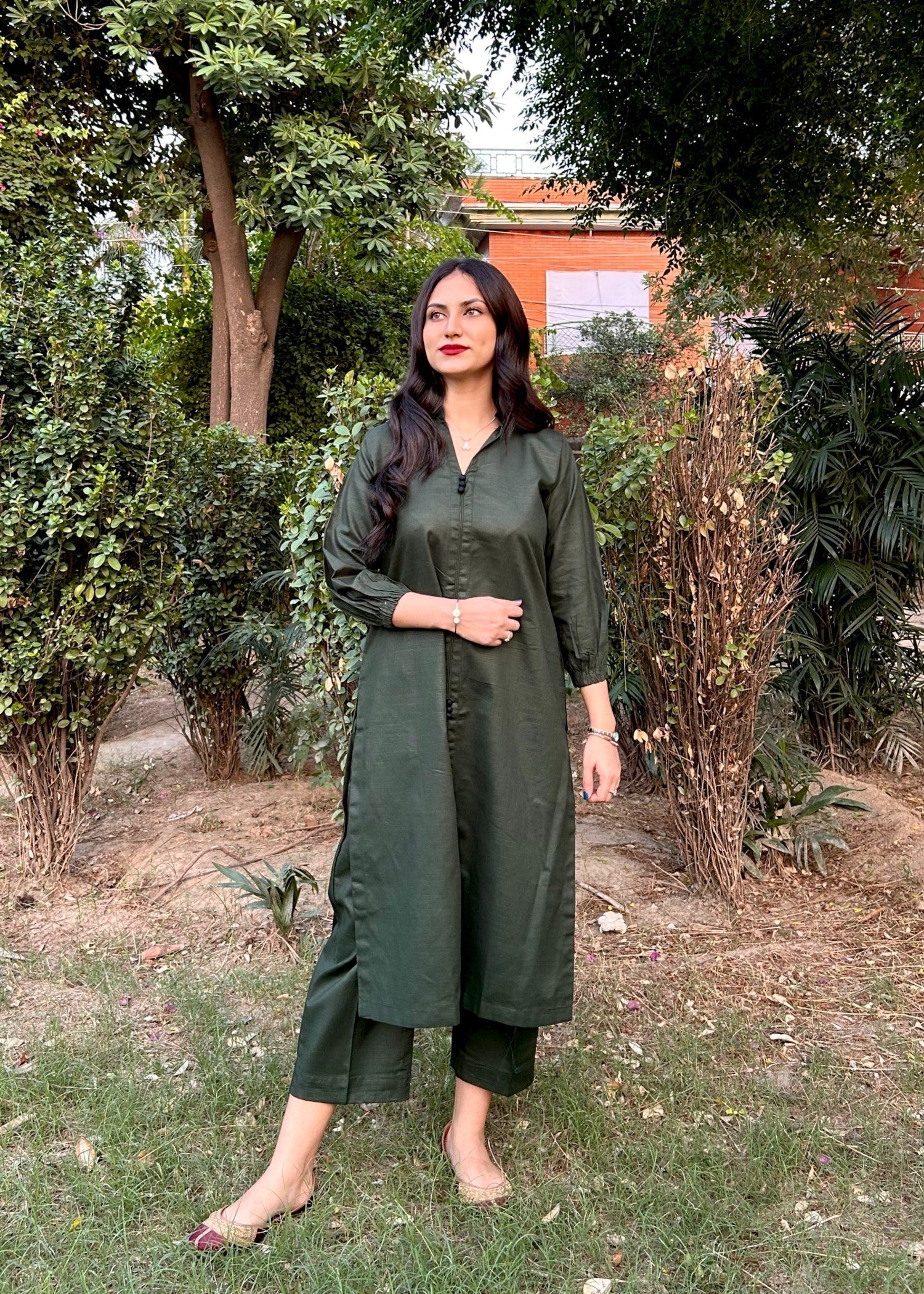 slub khaddar Co Ord Sets in Dark green
