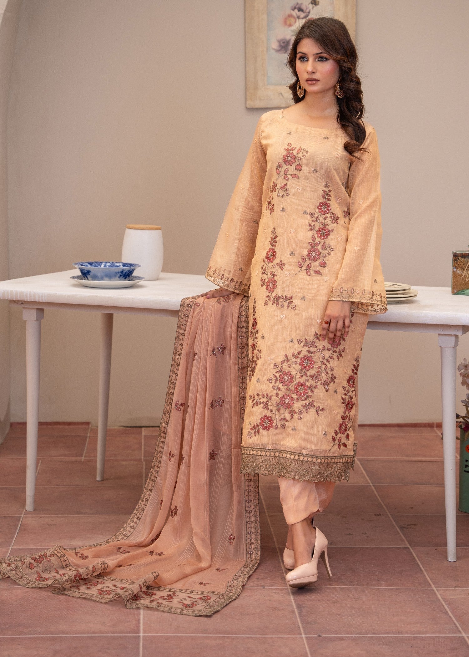zari cotton Kurta Set in Peach orange