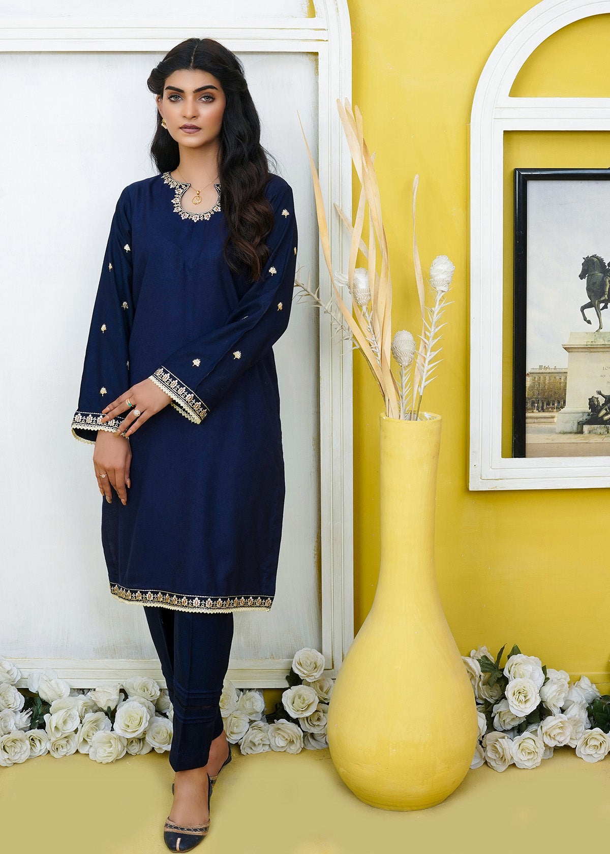 karandi Unstitched in Navy blue