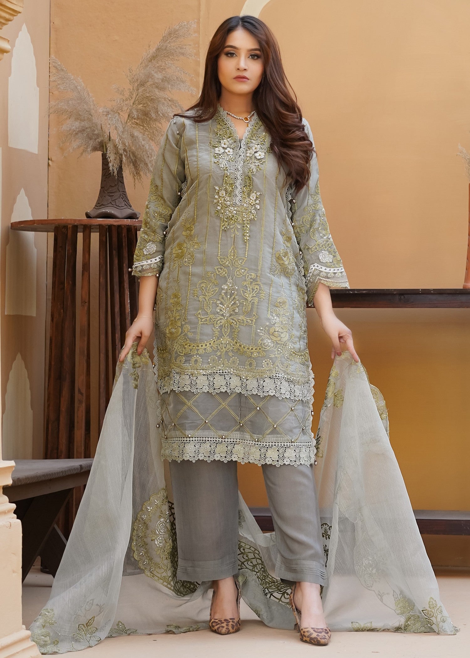 organza Kurta Set in Grey