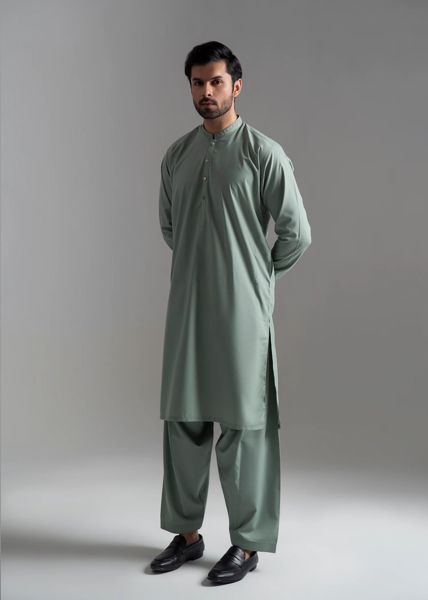 wash & wear Shalwar Kameez in Moss green by Black Pearl