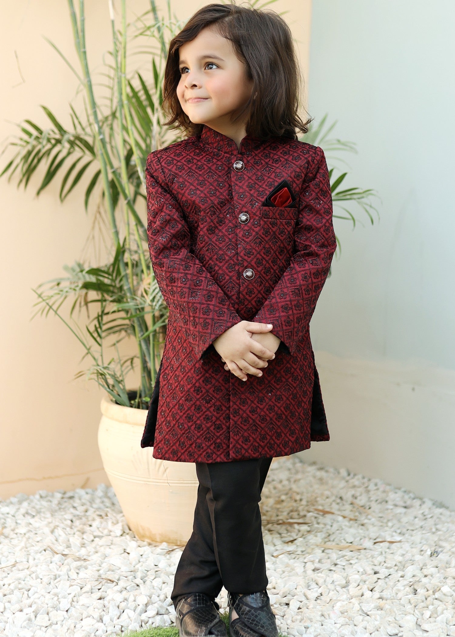 raw silk Sherwani in Berry red
