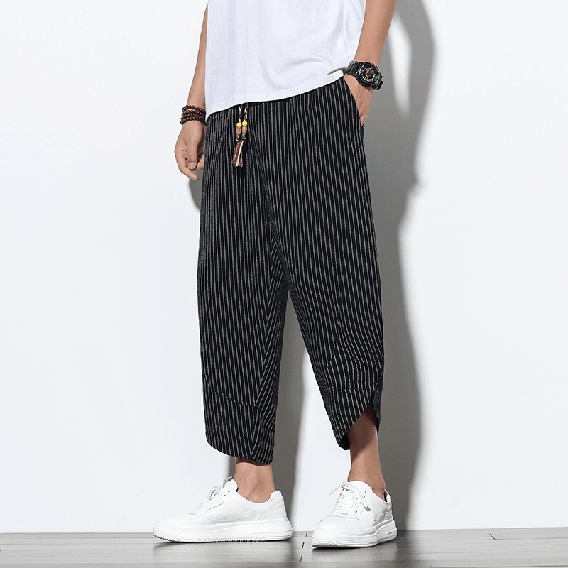 Chinese Style Cotton and Linen Pants Striped plus Size Loose Harem Bloomers Men