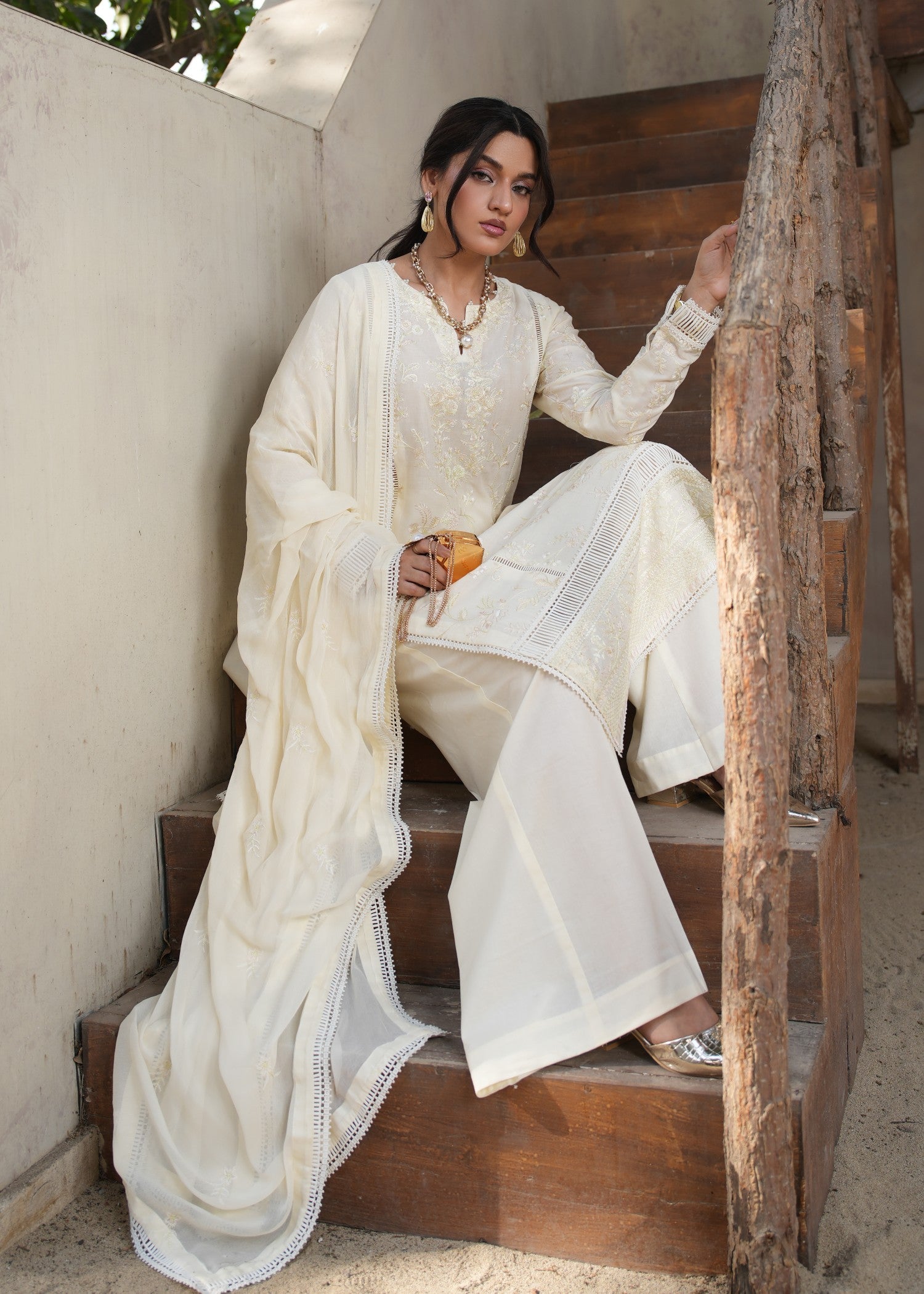 lawn Kurta Set in Off-white, goldfish orange