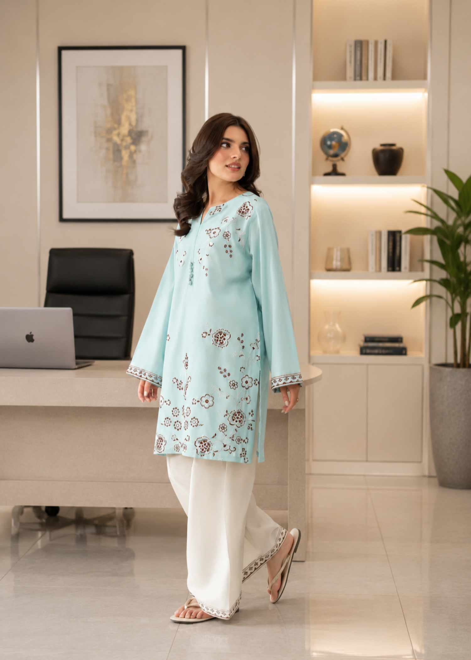 linen Kurta Set in Aquamarine