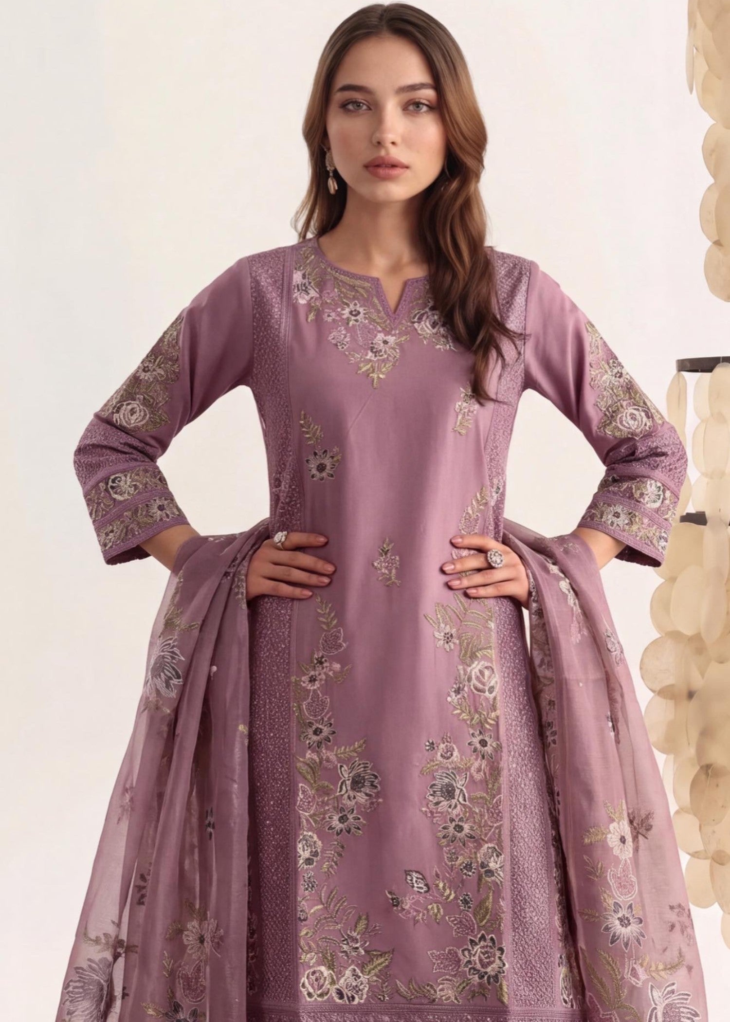 lawn cotton Kurta Set in Heathered lilac, lavender grey
