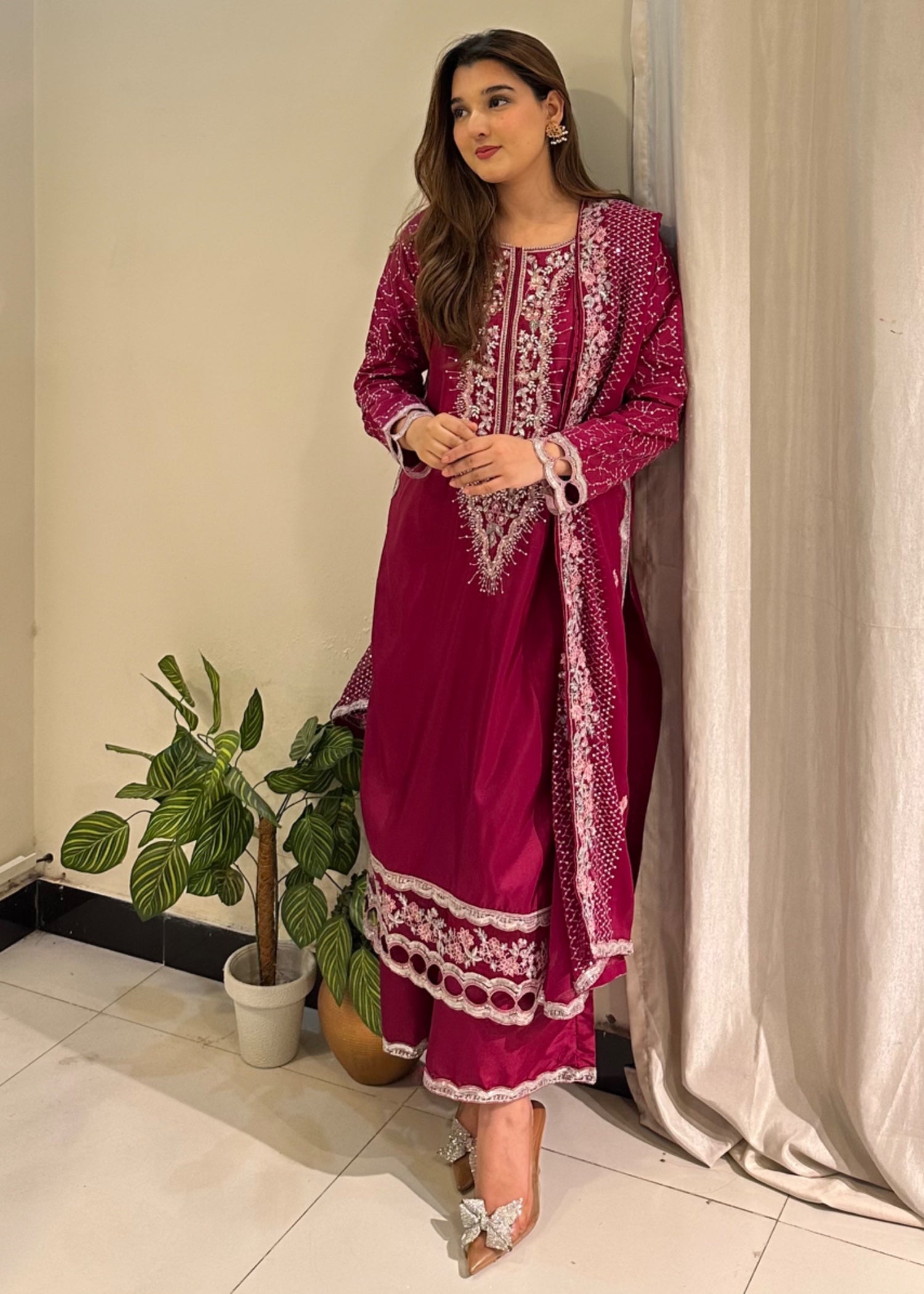 silk Kurta Set in Magenta