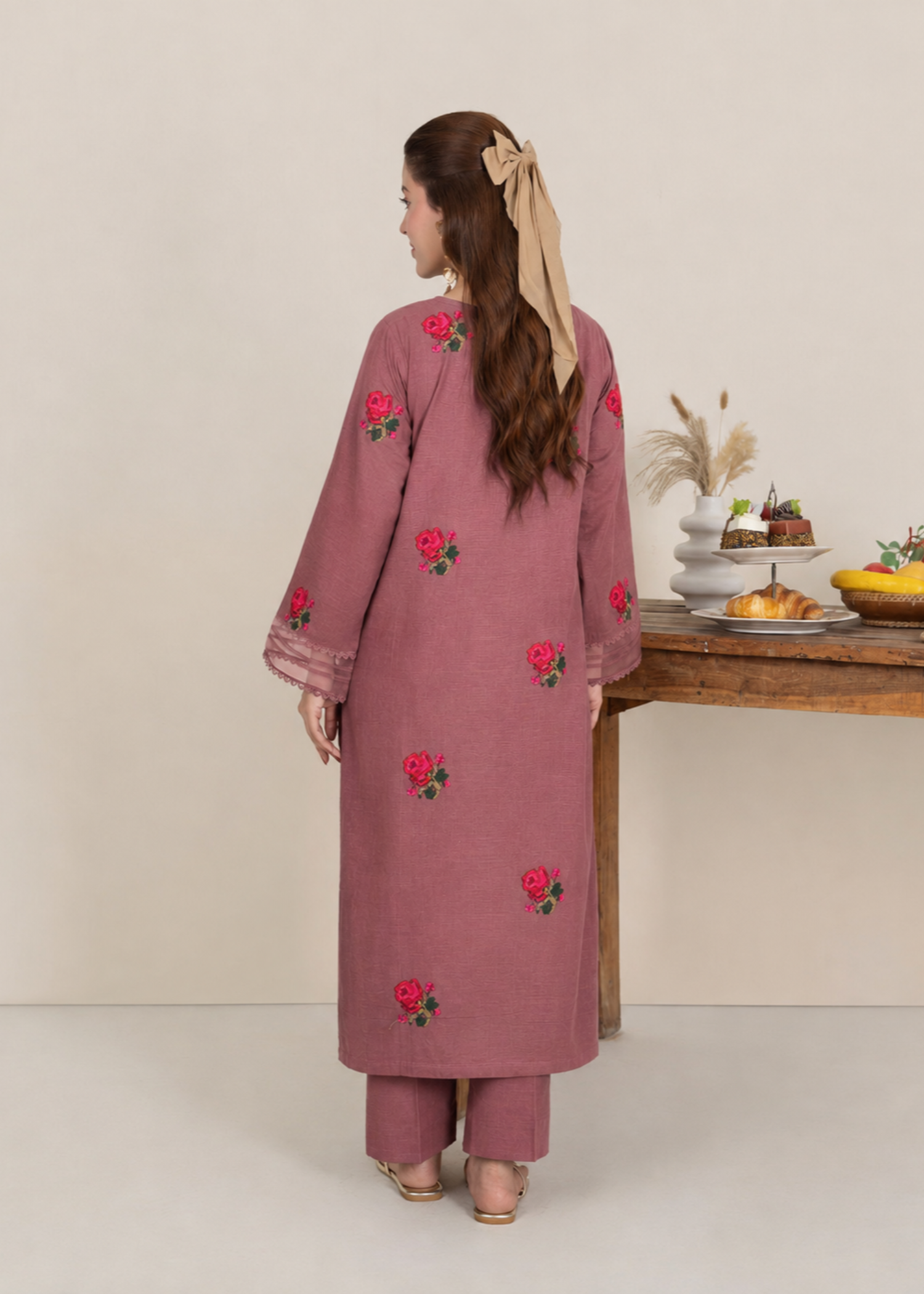 khaddar Kurta Set in Tea rose pink