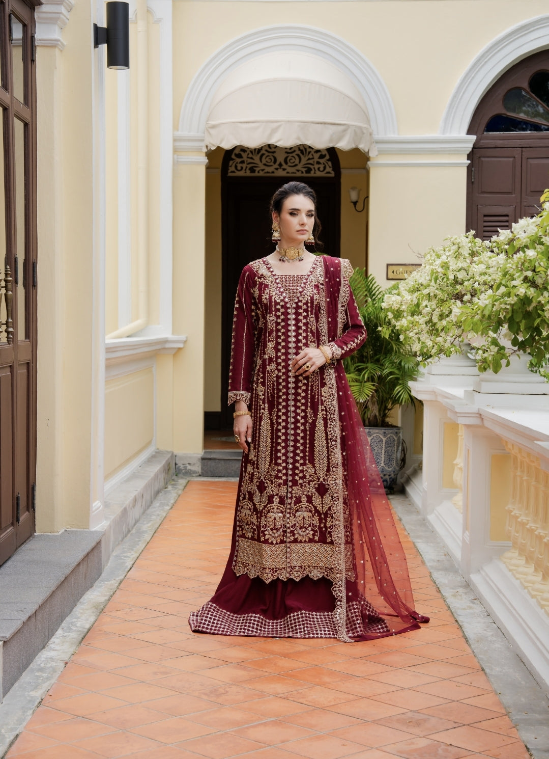 net Lehenga in Maroon