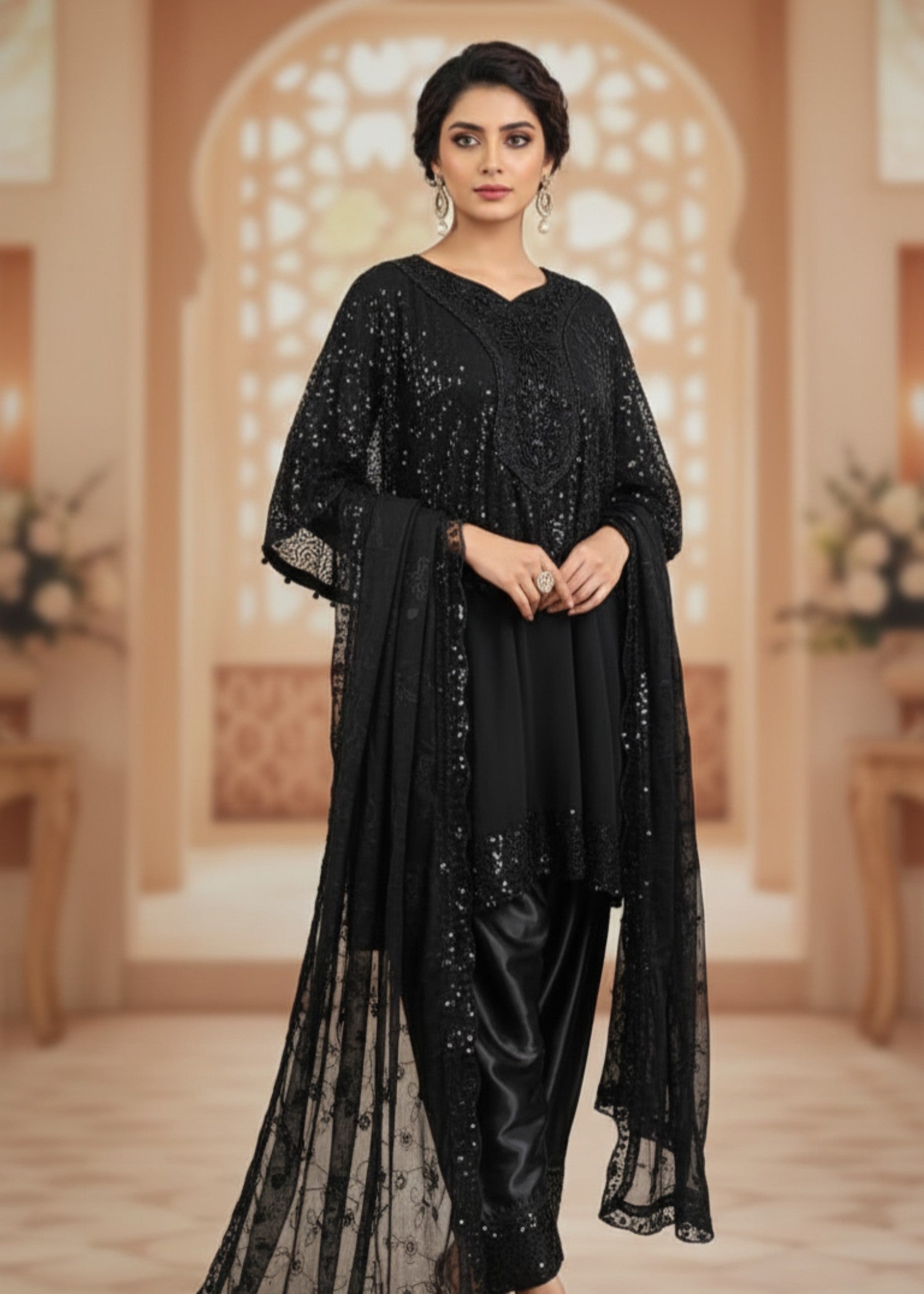silk Short Frock in Black