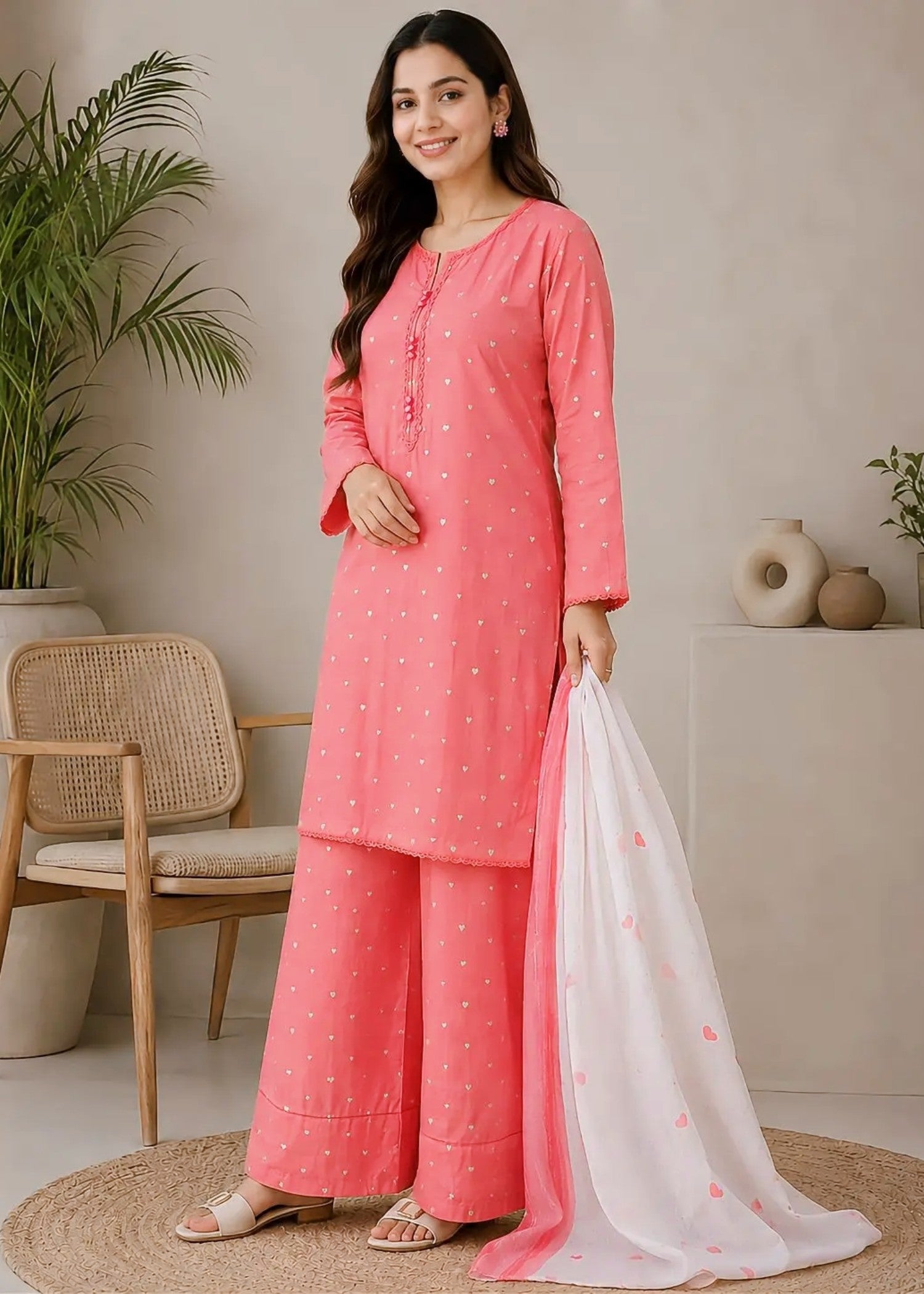 cotton Kurta Set in Coral pink
