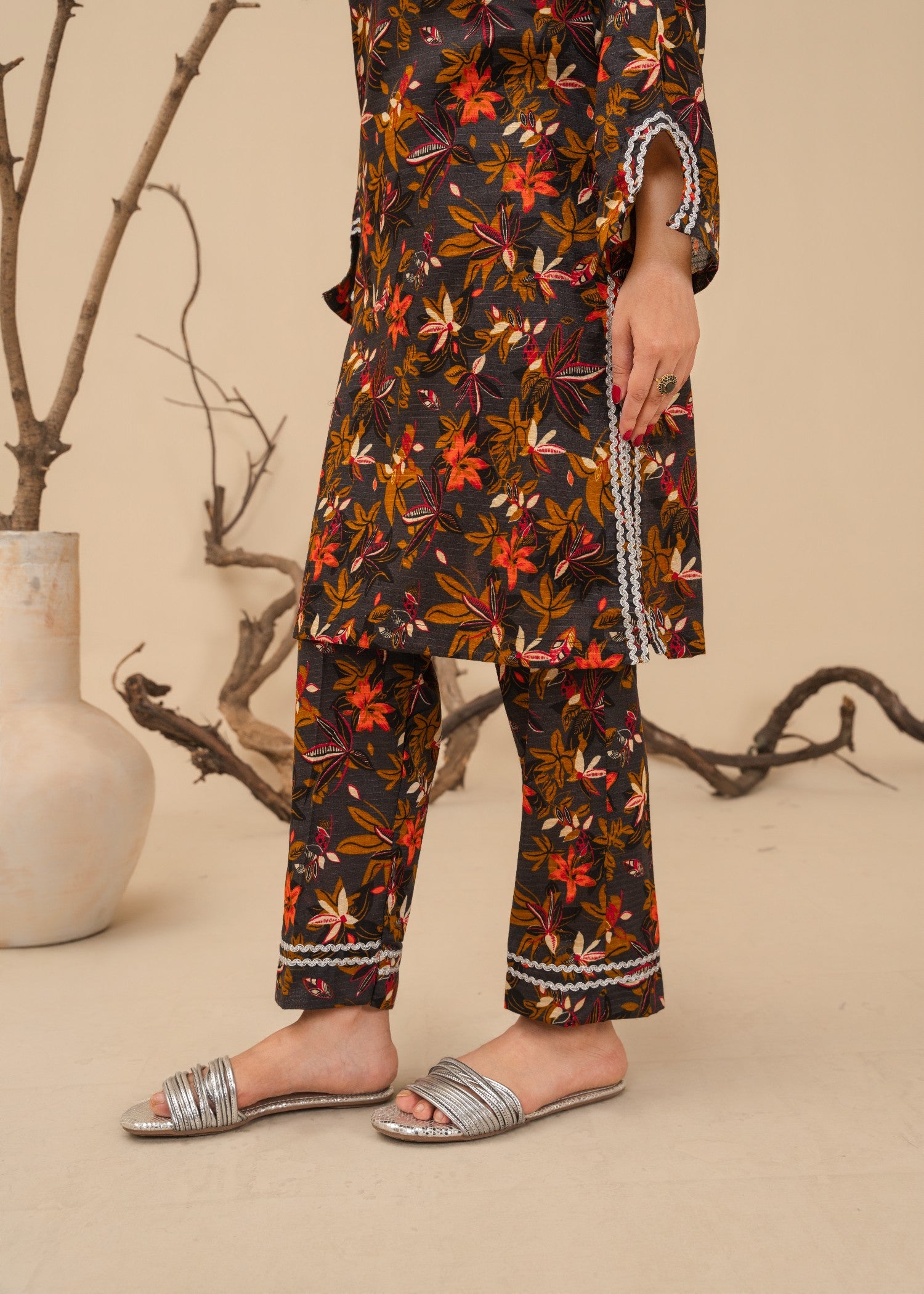 lawn Kurta Set in Charcoal black, yellow ochre, lemon chiffon