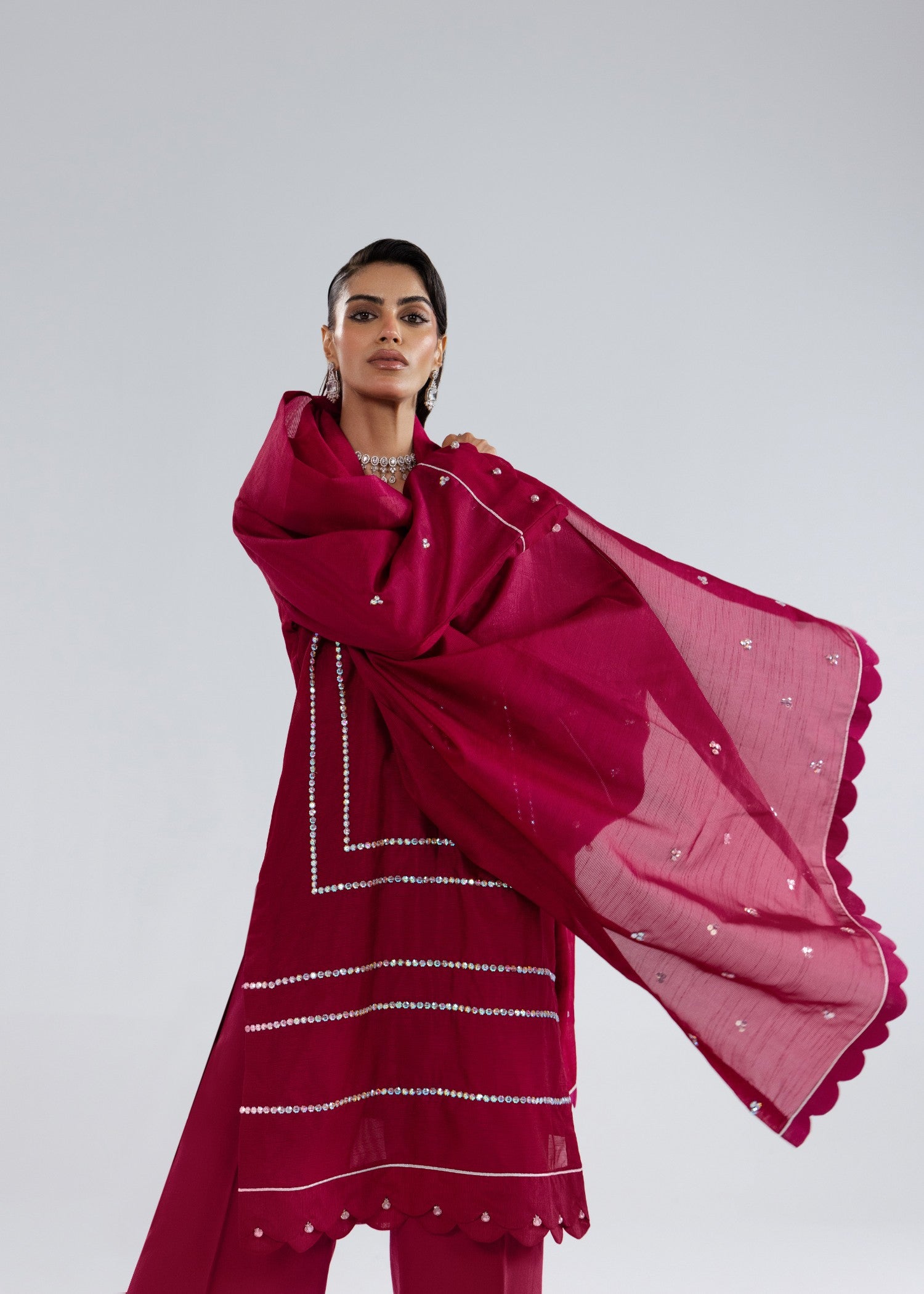khaddi net Kurta Set in Burgundy