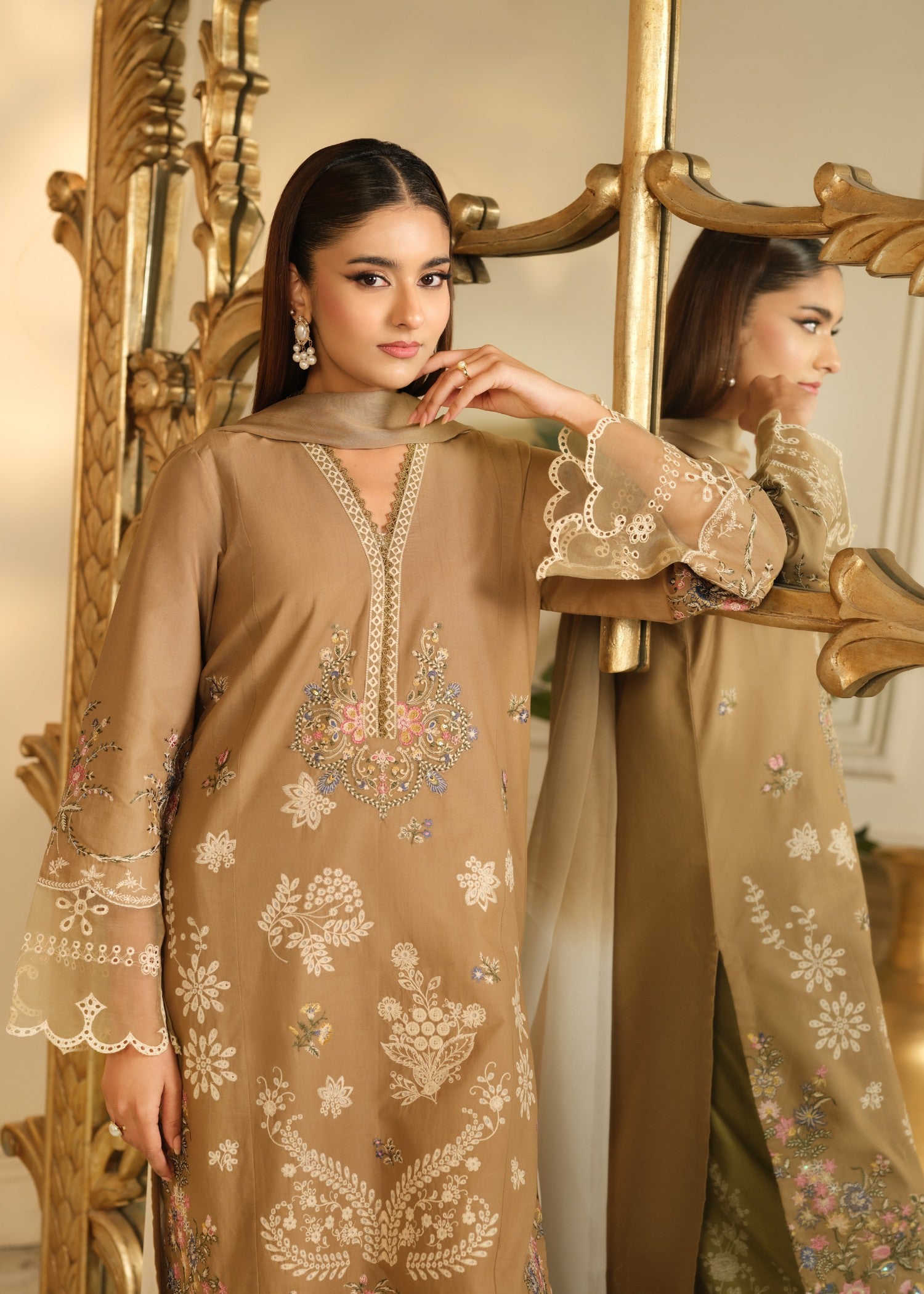 cambric cotton Kurta Set in Beige
