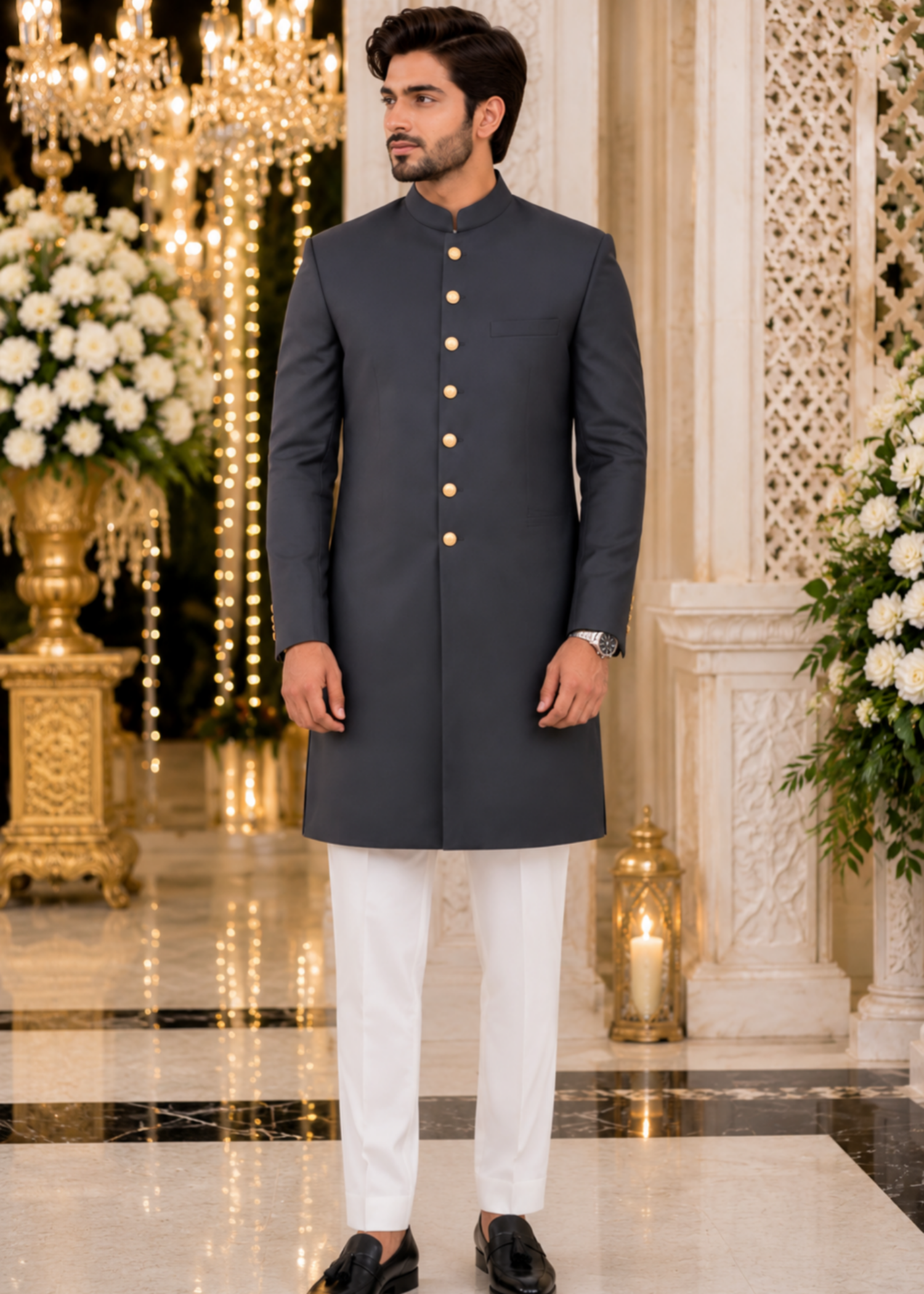 tropical Sherwani in Blue, grey