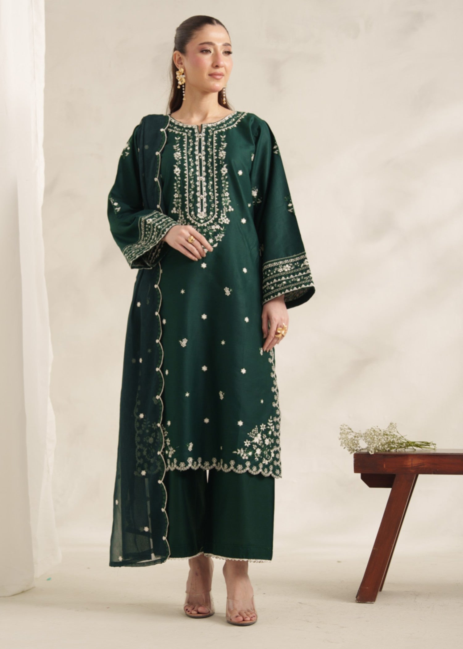 lawn Kurta Set in Bottle green