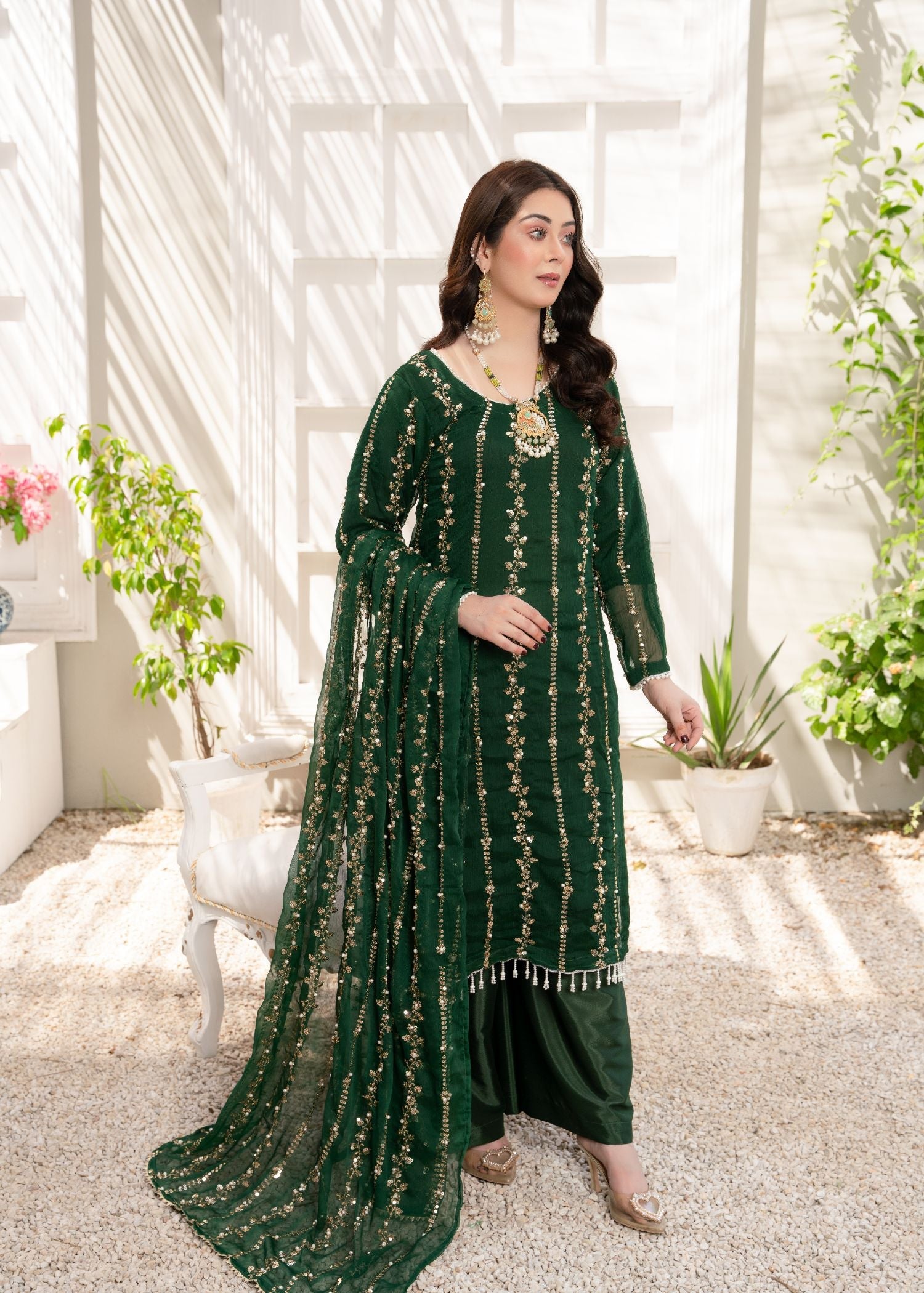 crinkle Kurta Set in Bottle green