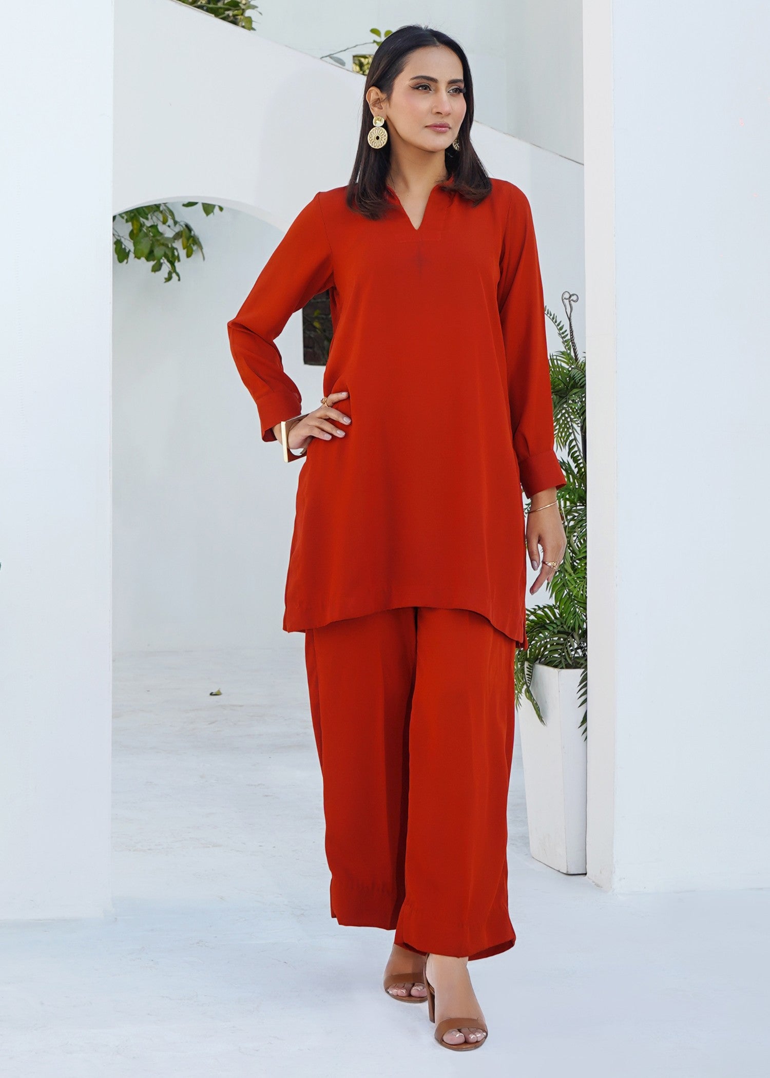 silk georgette Co Ord Sets in Rustic red