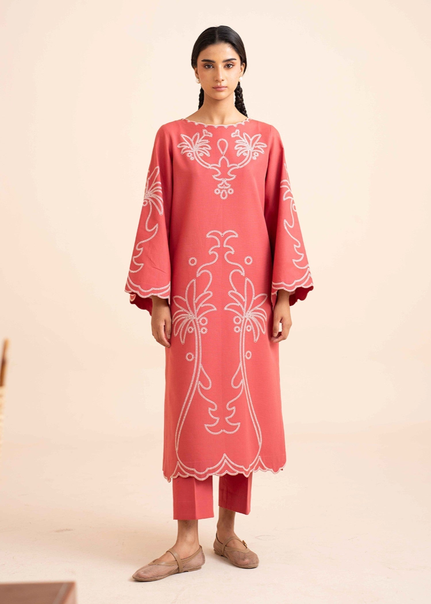 slub khaddar Kurta Set in Coral pink