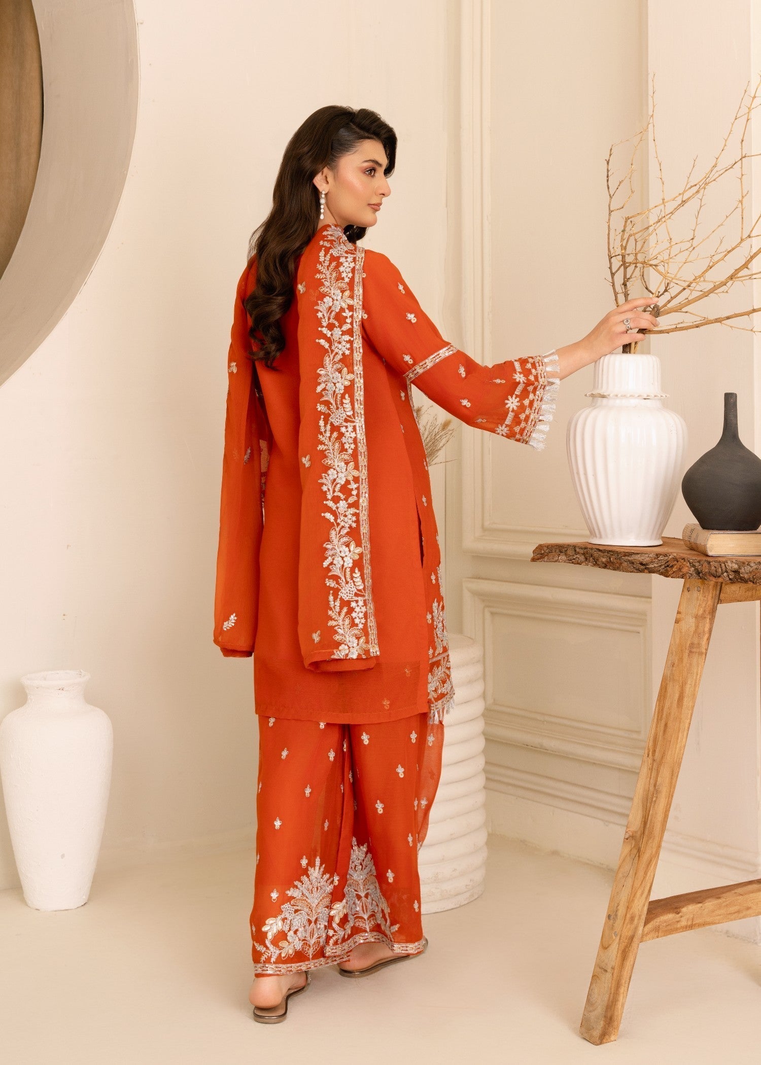 chiffon Kurta Set in Rust orange