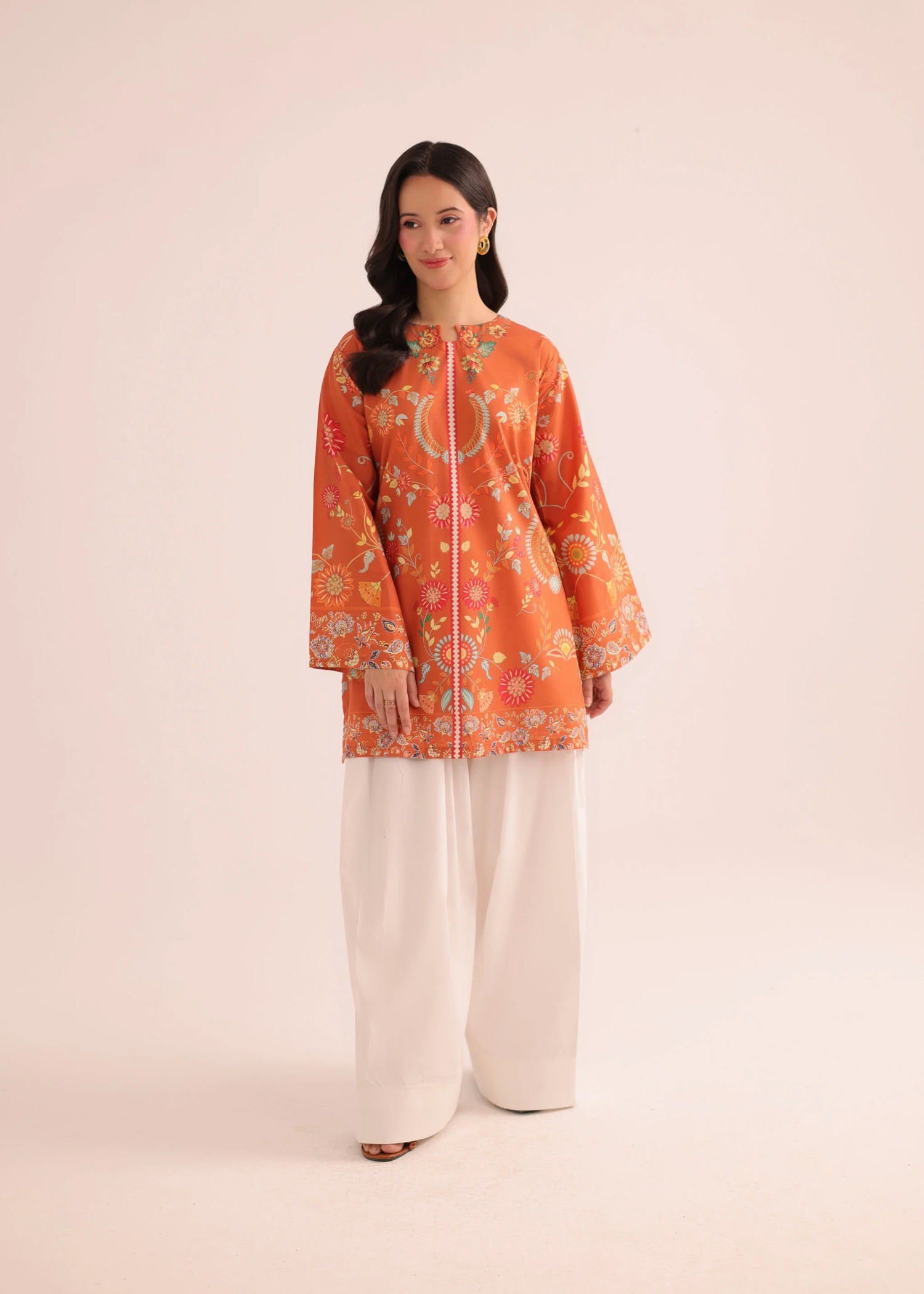 poly lawn Kurti in Sunset orange