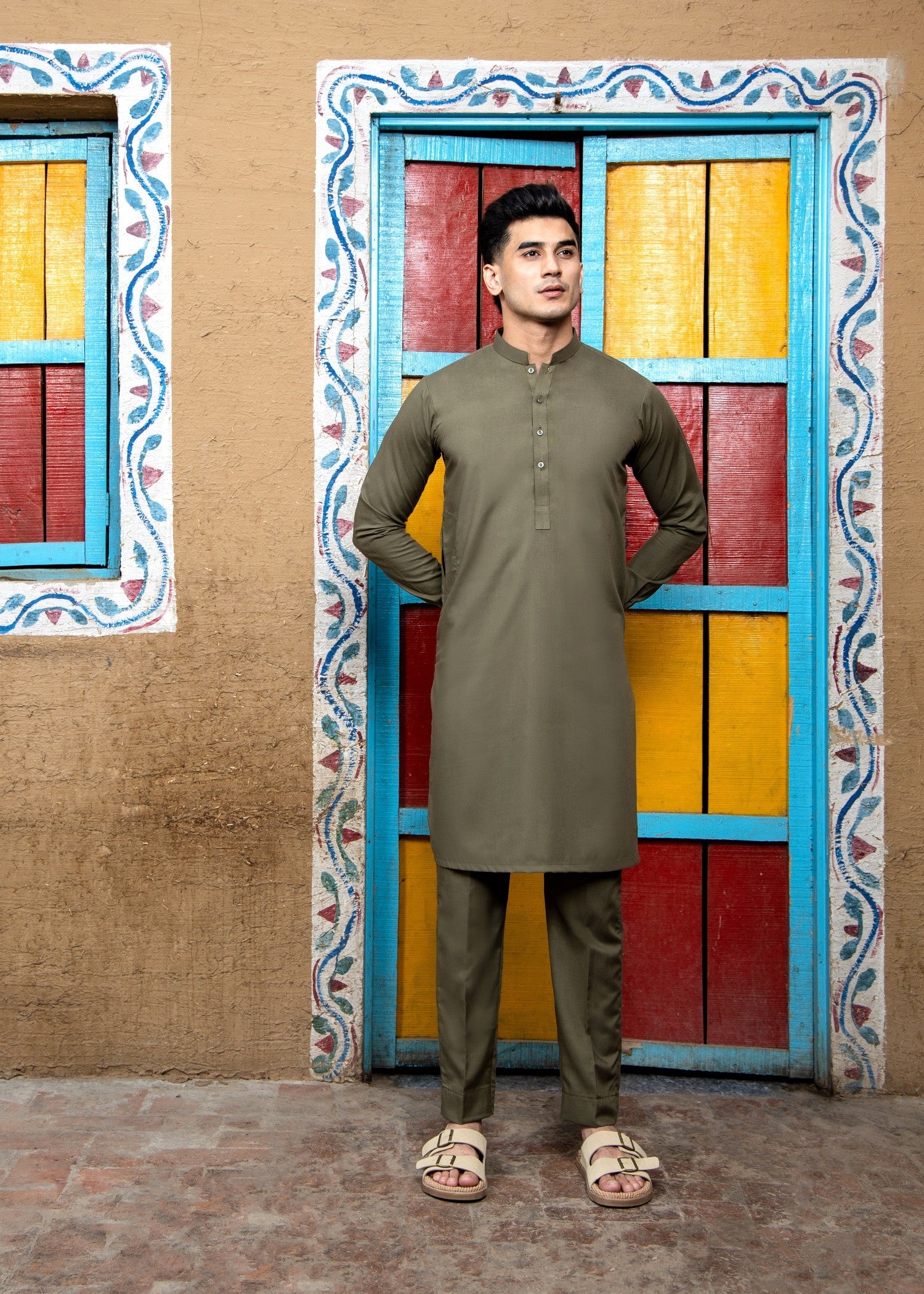 wash & wear Kurta Set in Army green