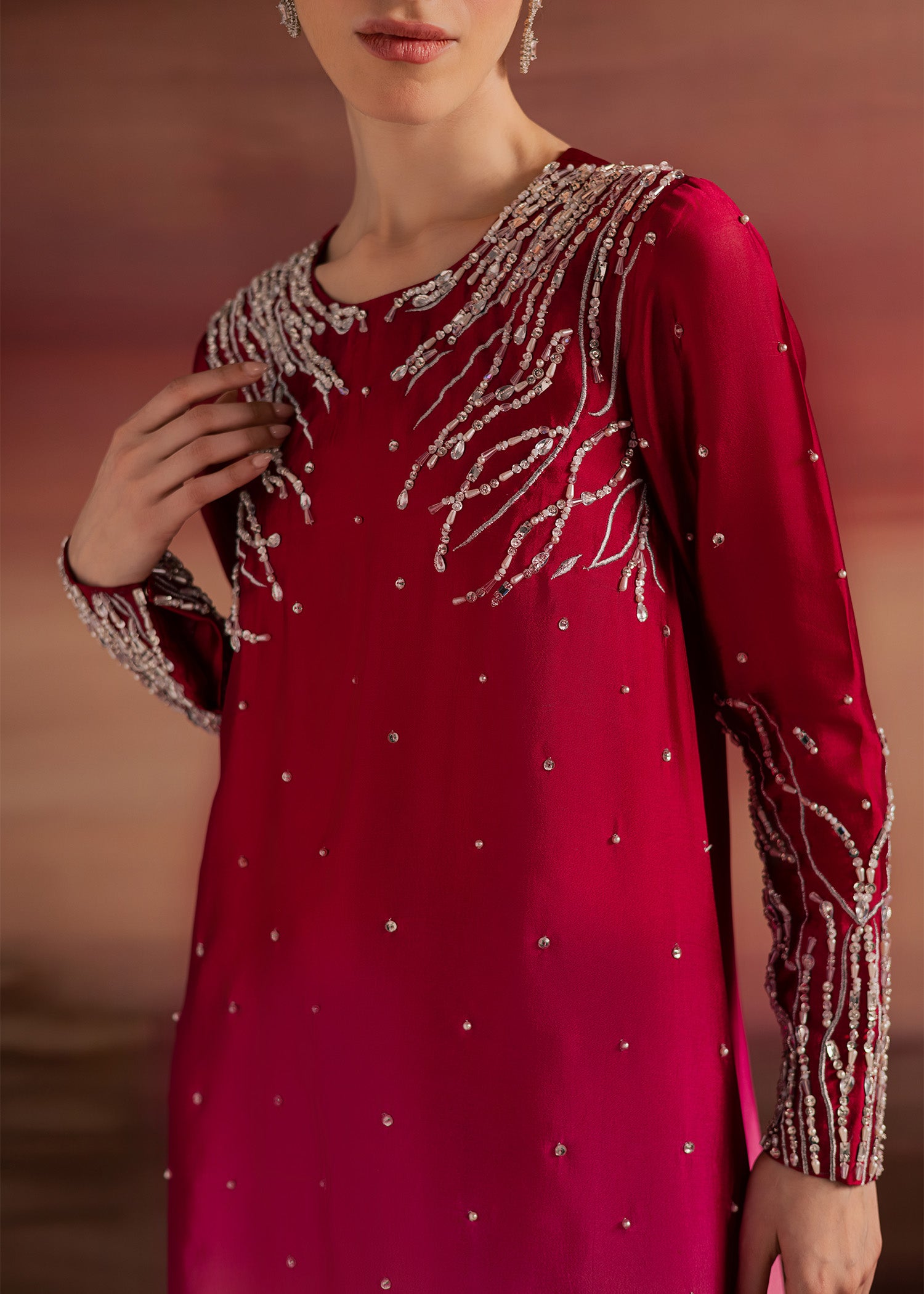 tussar silk Kaftan in Crimson