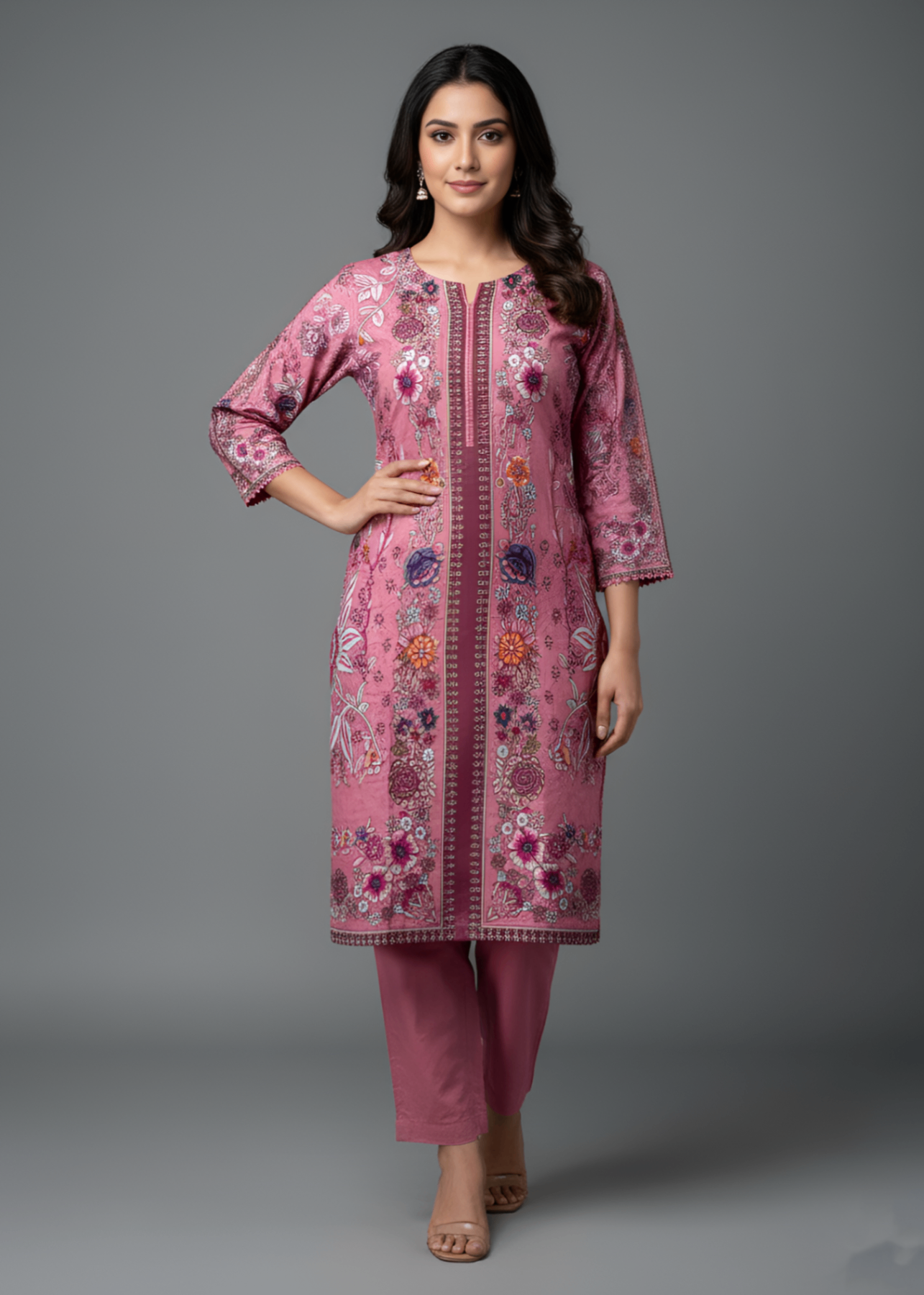 cambric Kurta Set in Tea rose pink