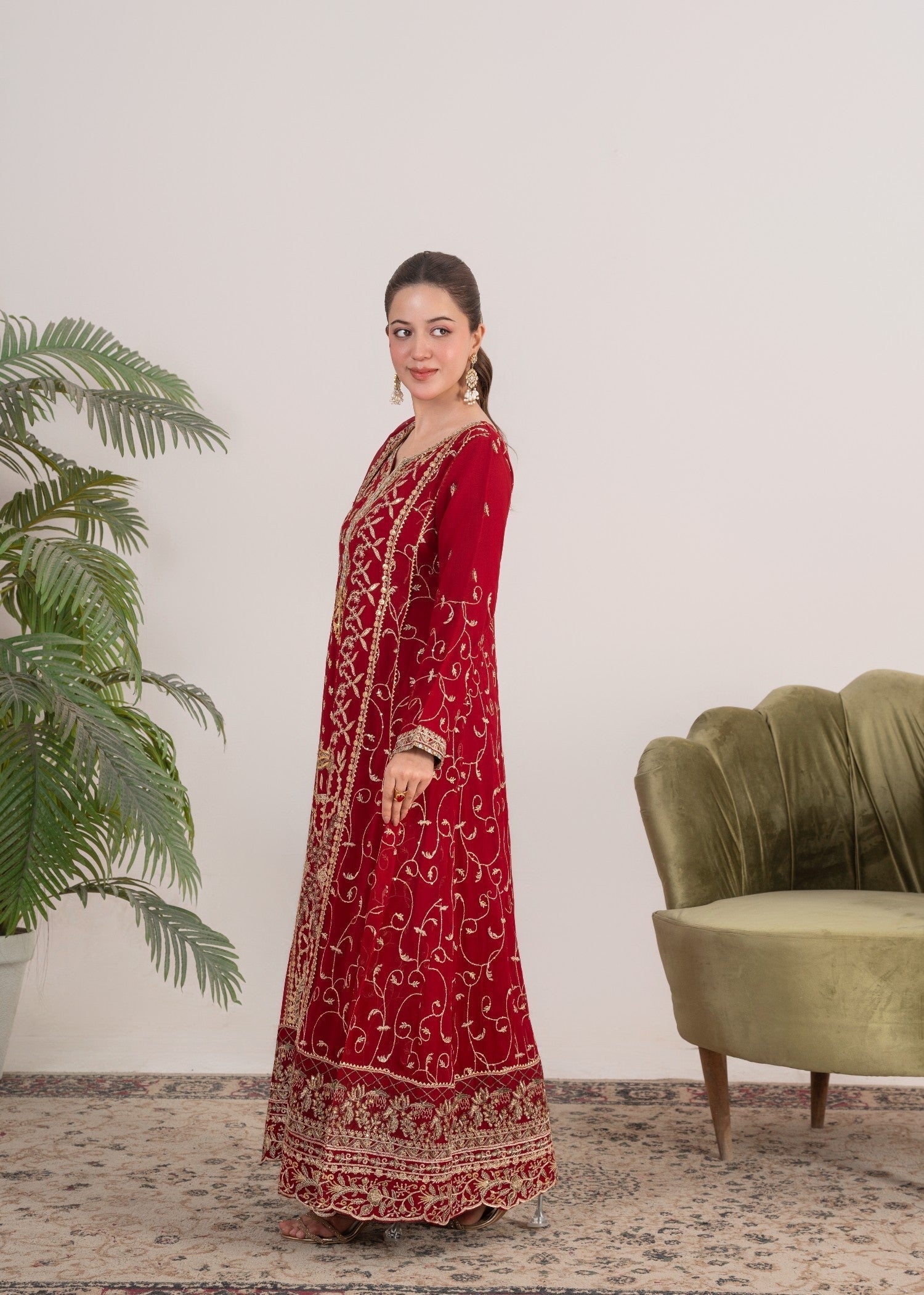 chiffon Pishwas in Rose red