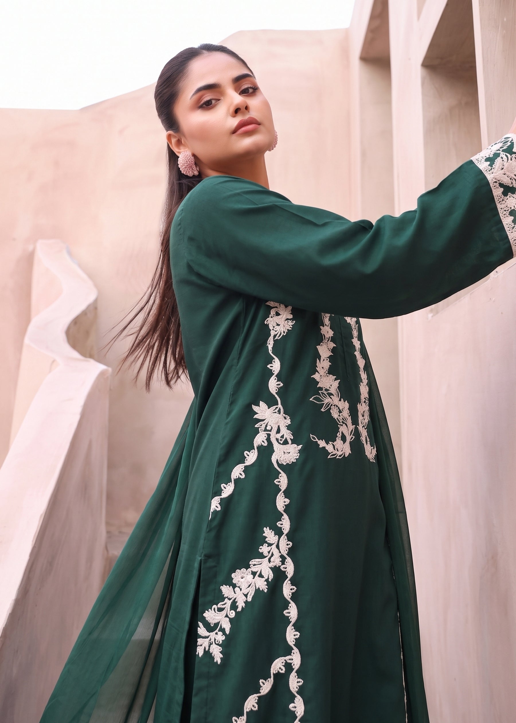 linen Kurta Set in Dark green