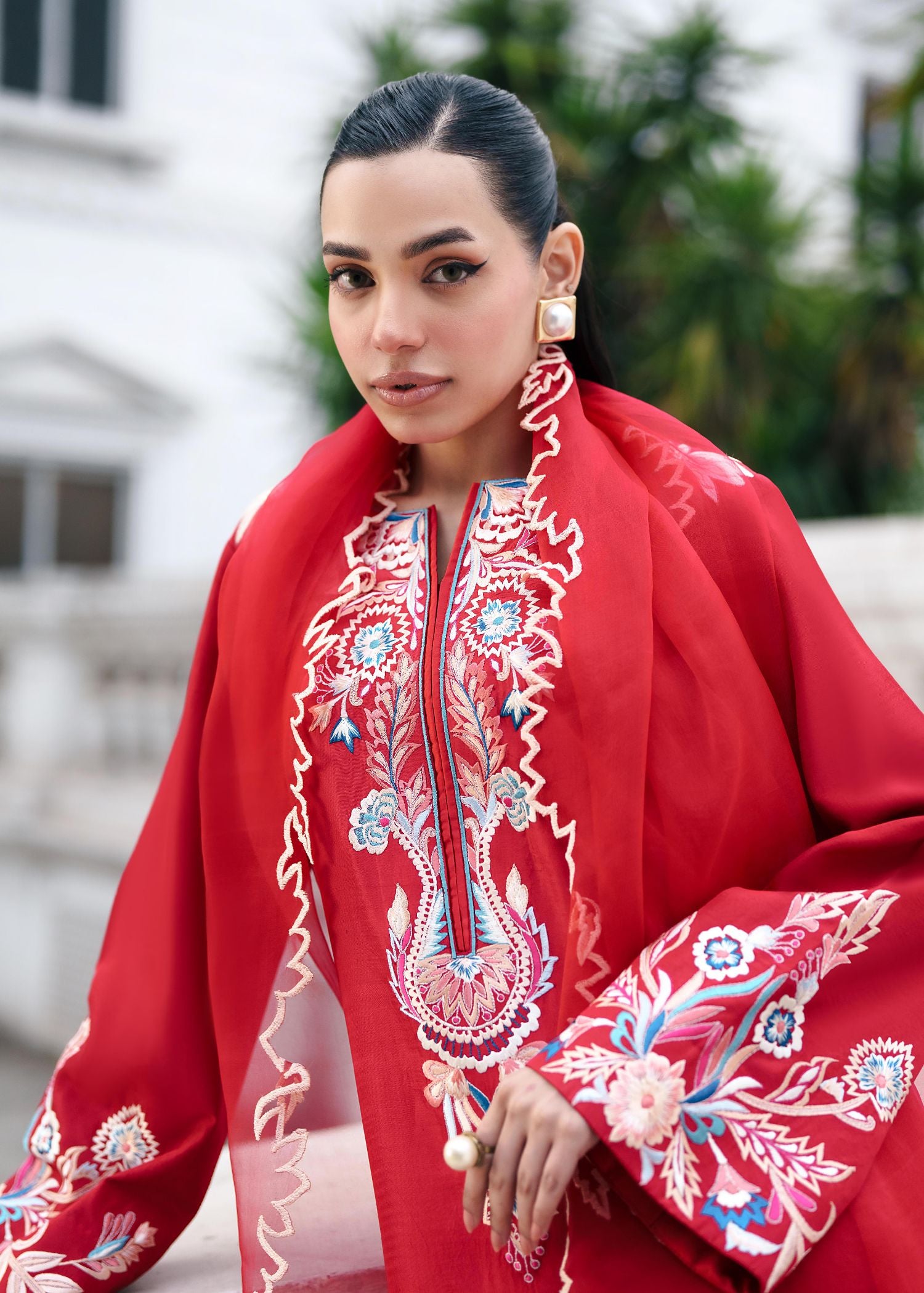 silk tissue Kaftan in Red