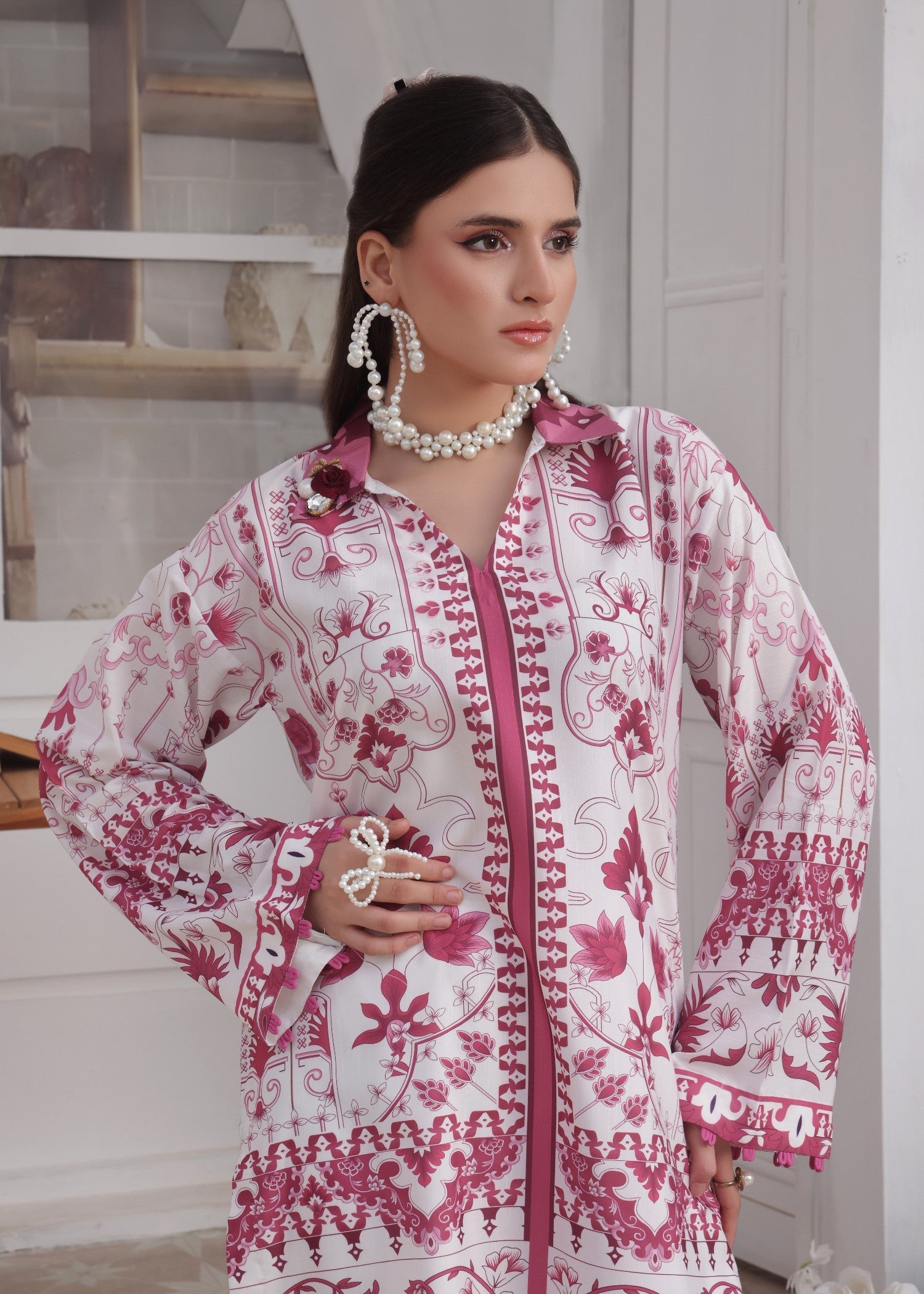 slub lawn Co Ord Sets in White, plum purple