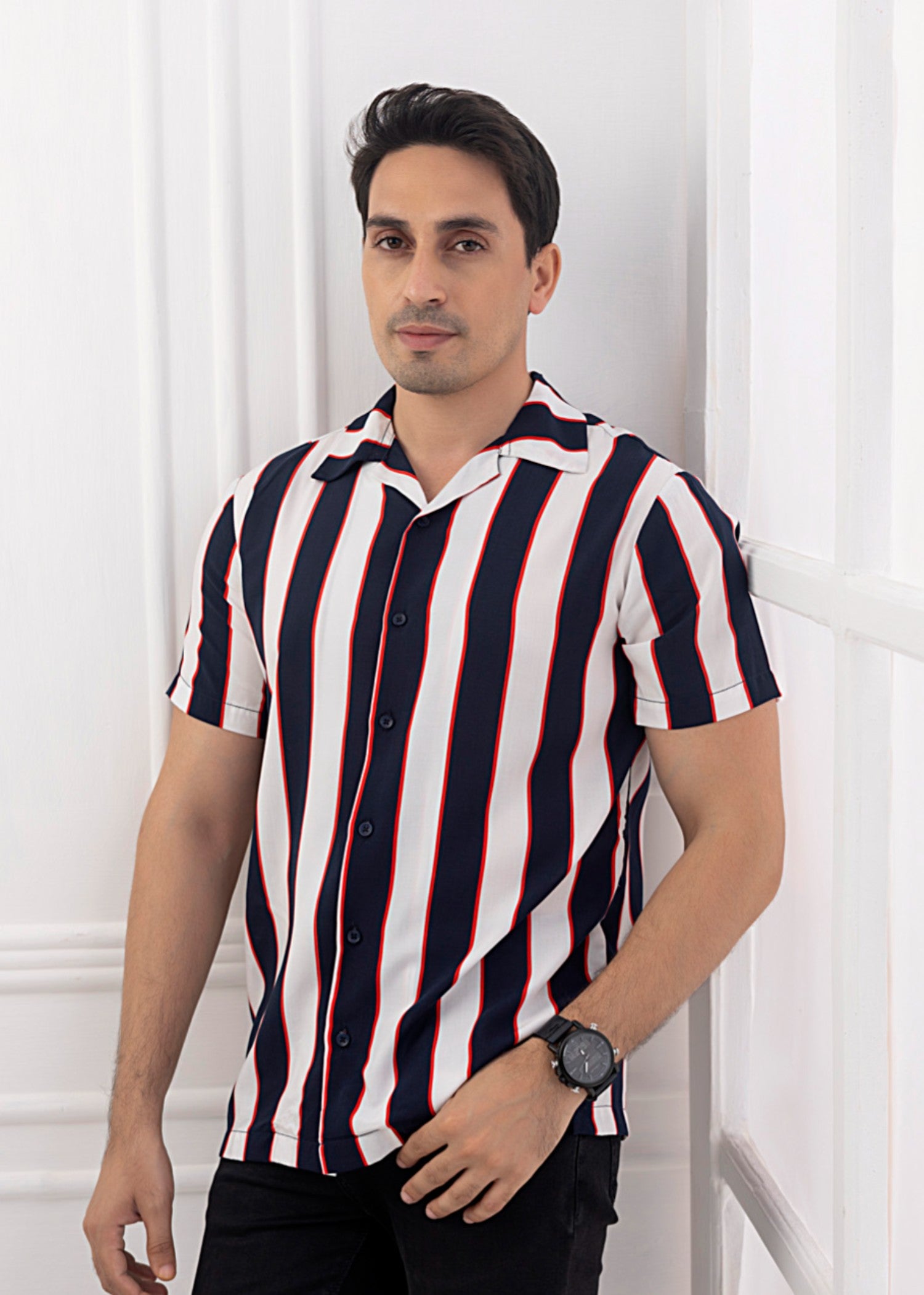 linen Casual Shirt in Black, white, red