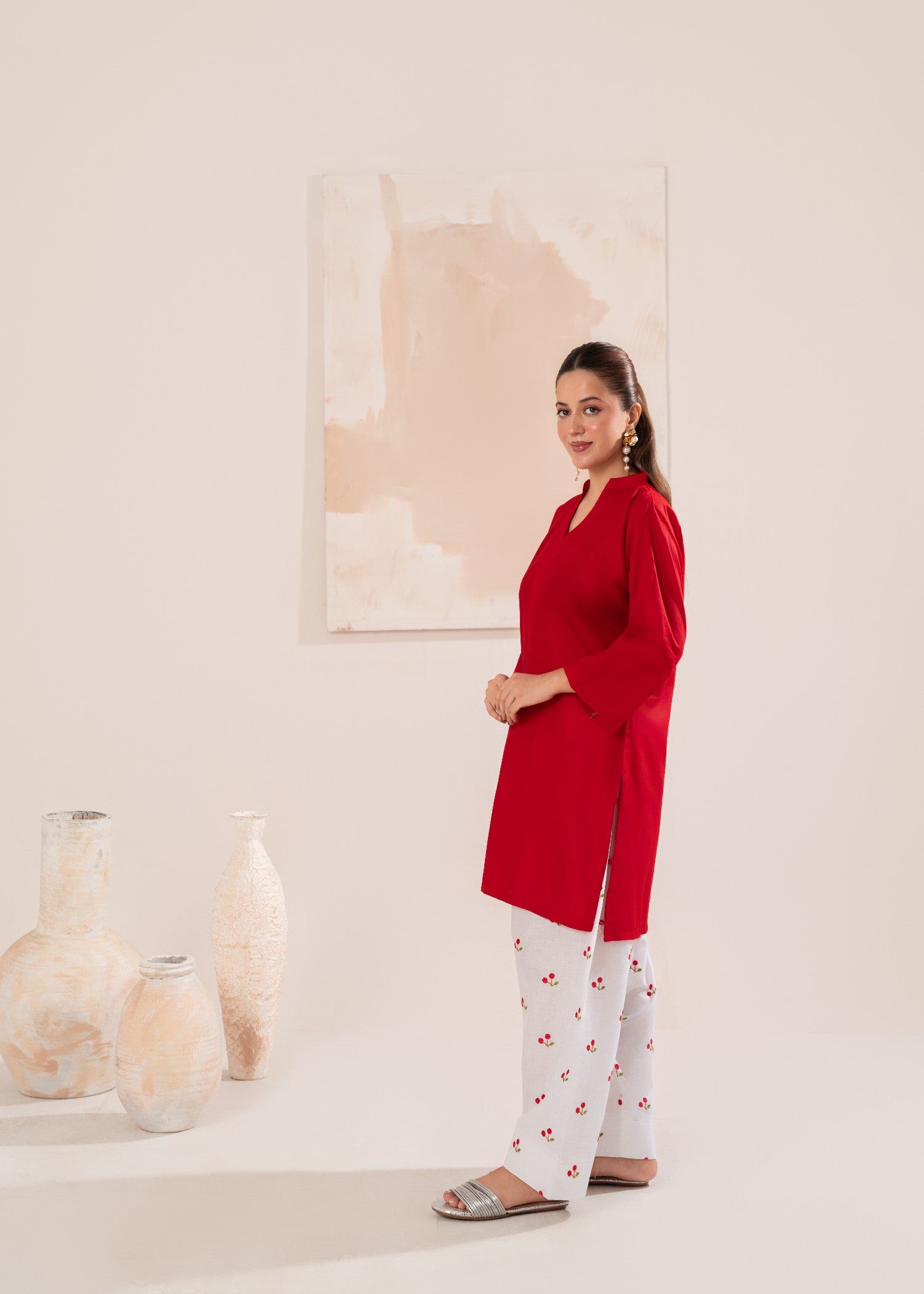 cotton Kurta Set in White, red