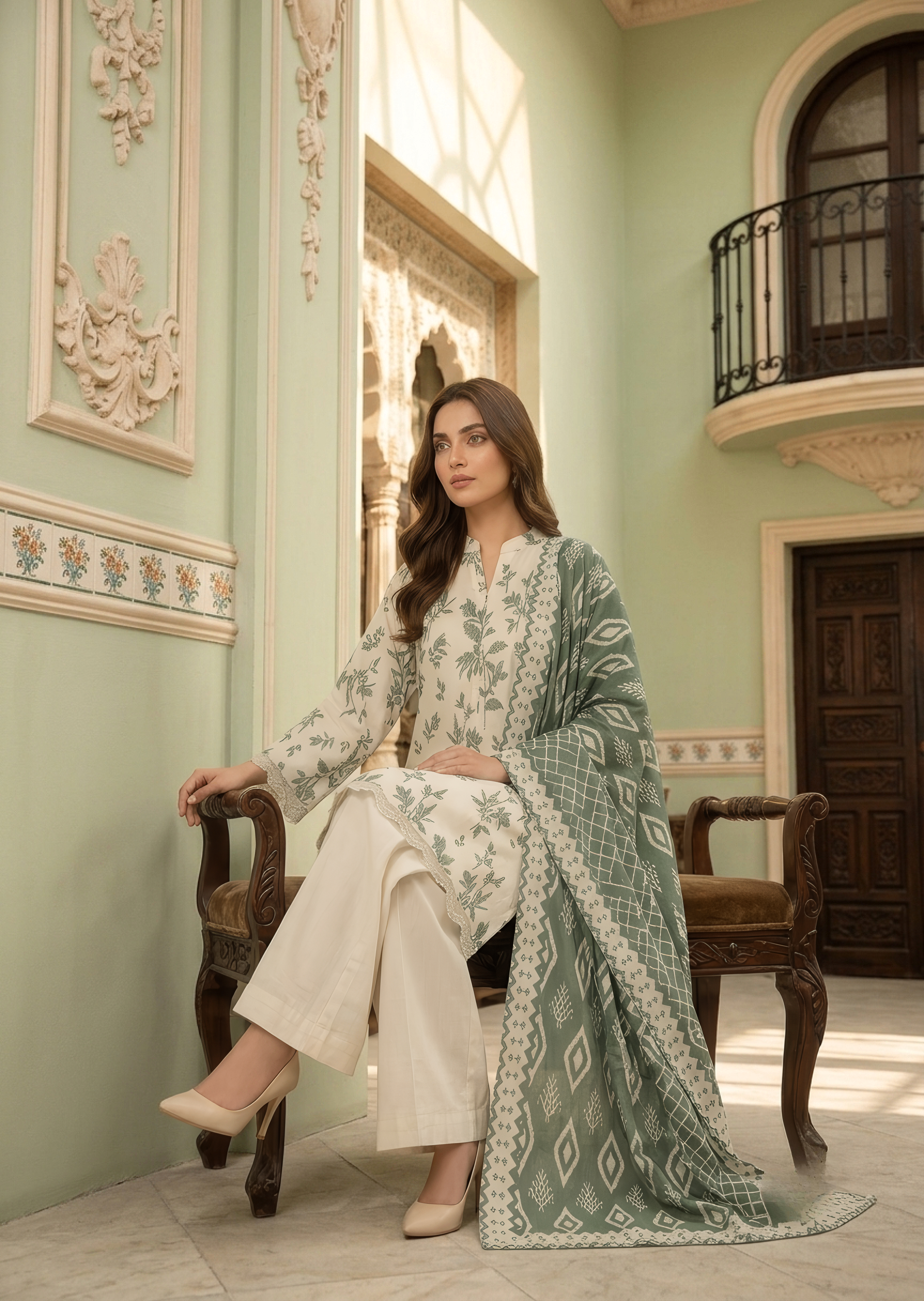 lawn Kurta Set in Pistachio green, off-white