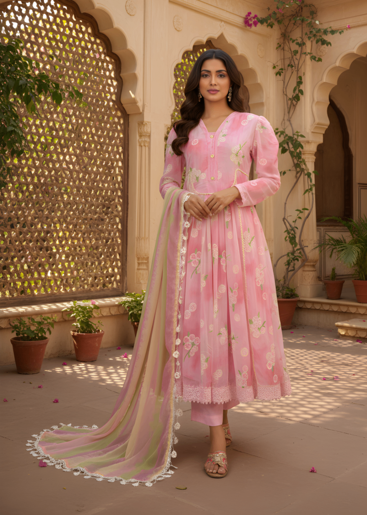 chiffon silk Pishwas in Pink