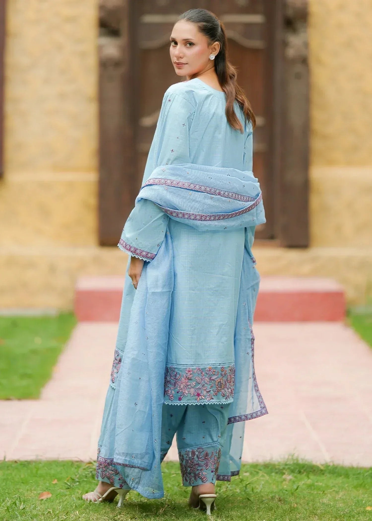 textured lawn Kurta Set in Powder blue
